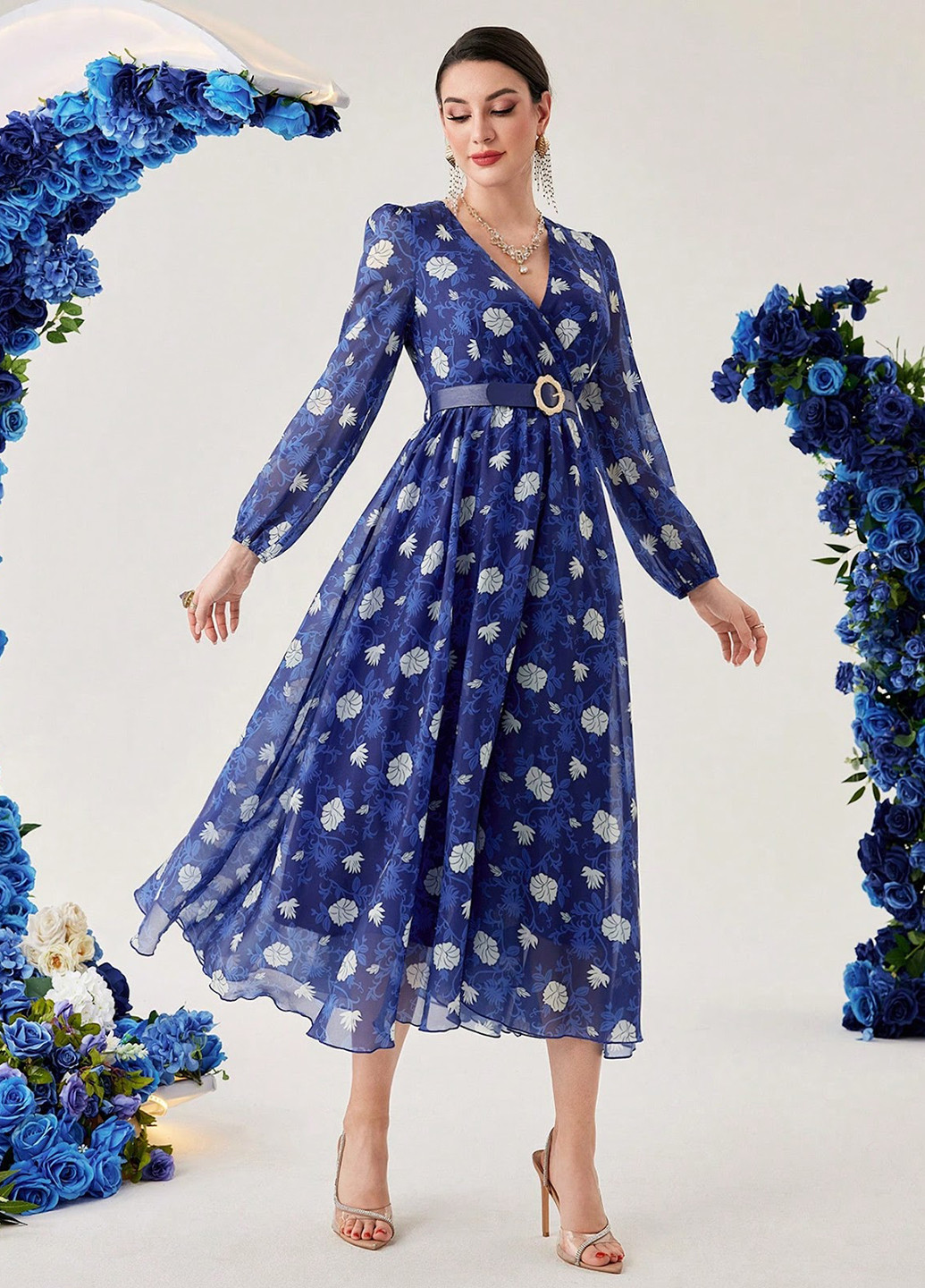 Синя кежуал сукня кльош SHEIN з квітковим принтом