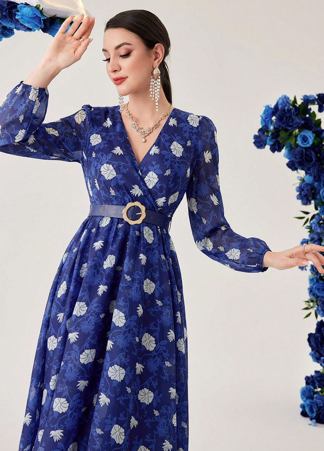 Синя кежуал сукня кльош SHEIN з квітковим принтом