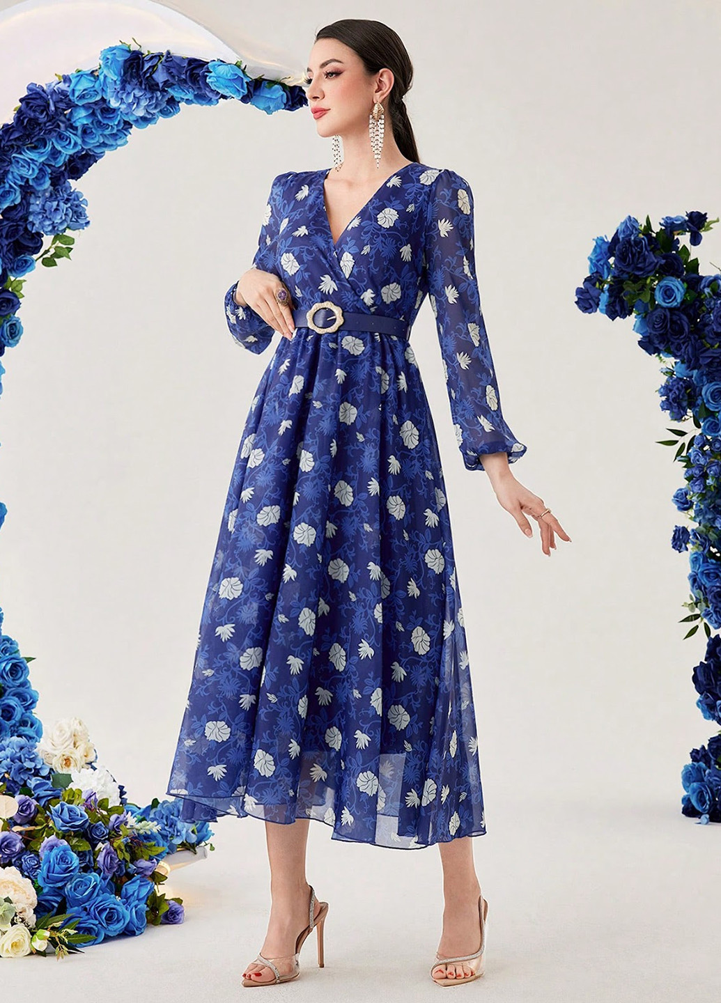 Синя кежуал сукня кльош SHEIN з квітковим принтом