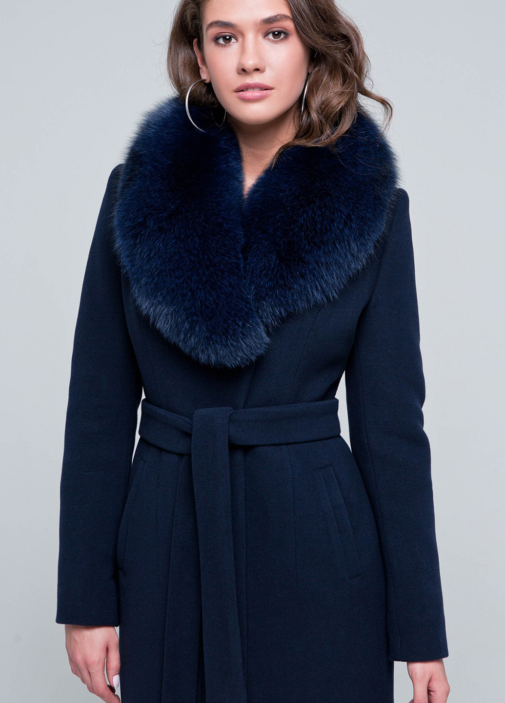 Темно-синє зимнє Зимове пальто однобортне Шикарные меха