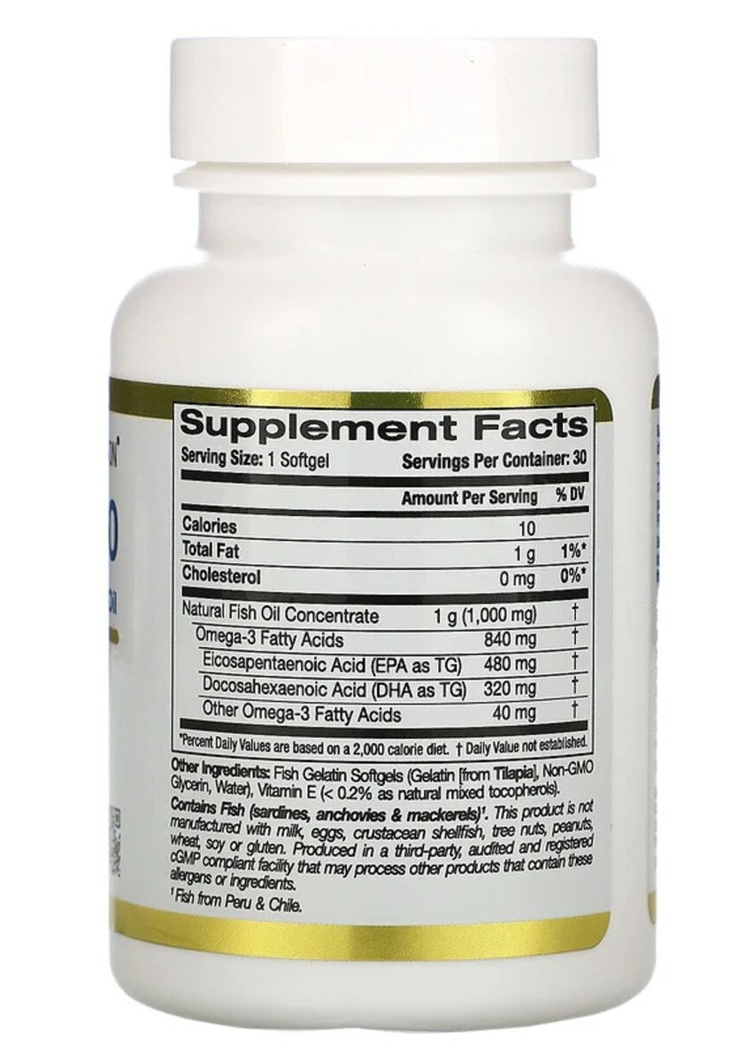 Омега 800, Риб'ячий жир фармацевтичного якості, 1000 мг,, 30 желатинових капсул California Gold Nutrition (228292518)