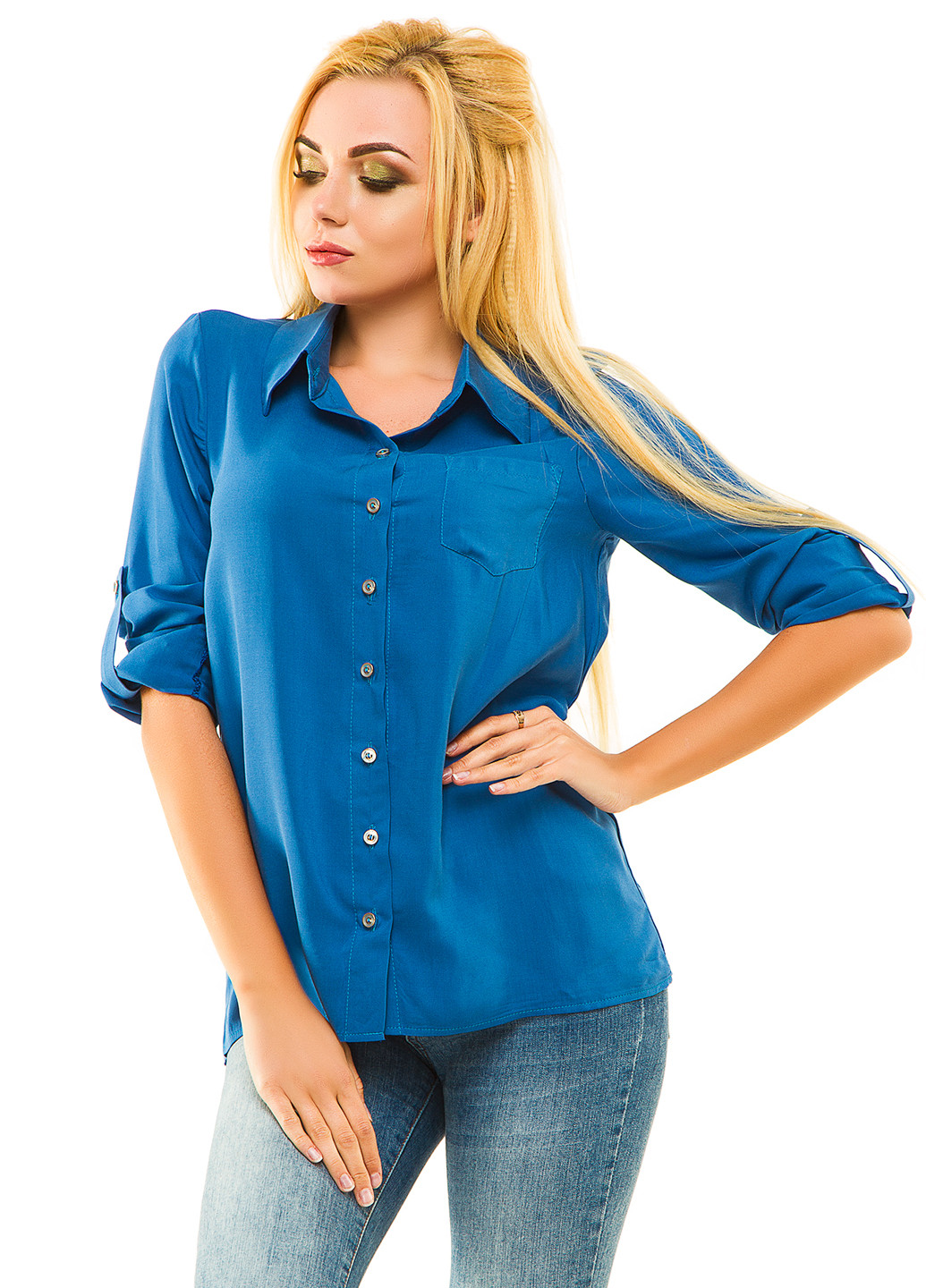 Синяя кэжуал рубашка однотонная Lady Style