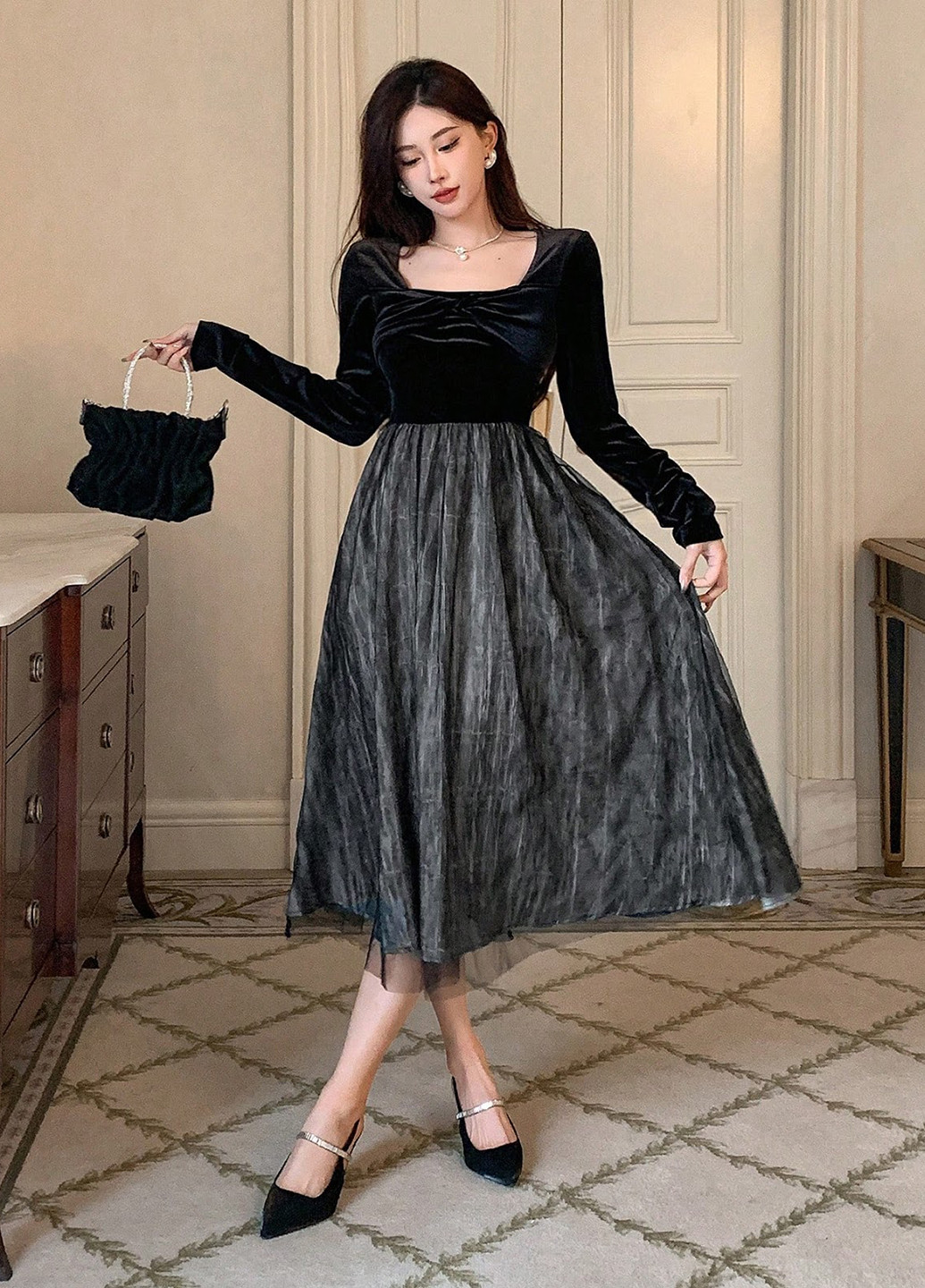 Черное кэжуал, вечернее платье клеш SHEIN однотонное