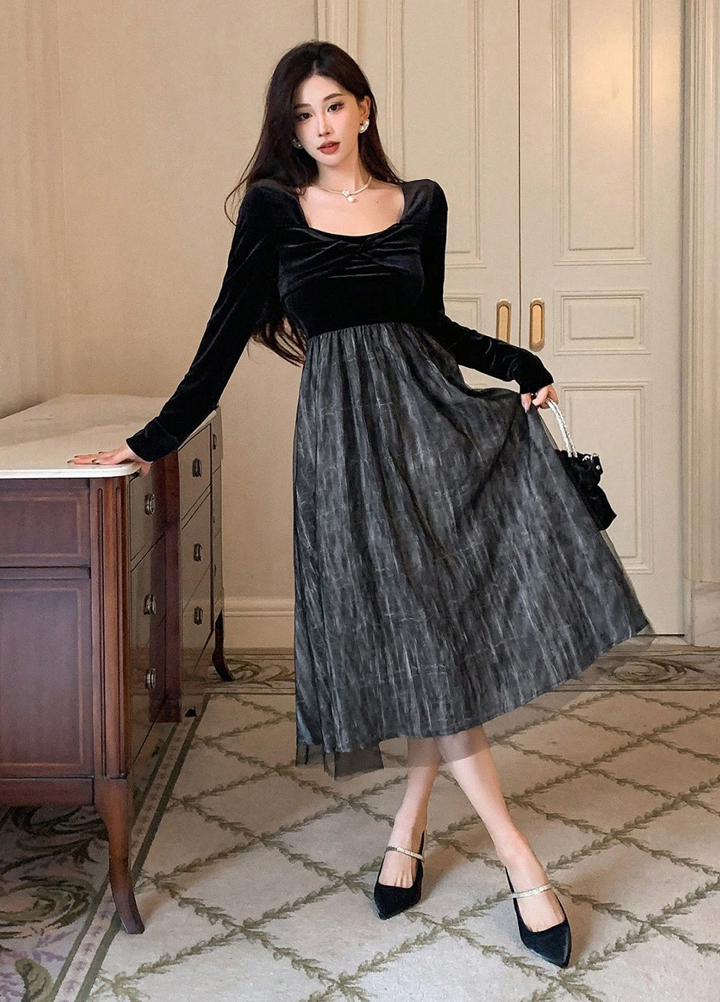 Черное кэжуал, вечернее платье клеш SHEIN однотонное