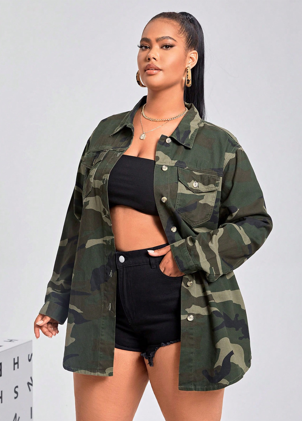 Темно-зеленая кэжуал рубашка камуфляжная SHEIN