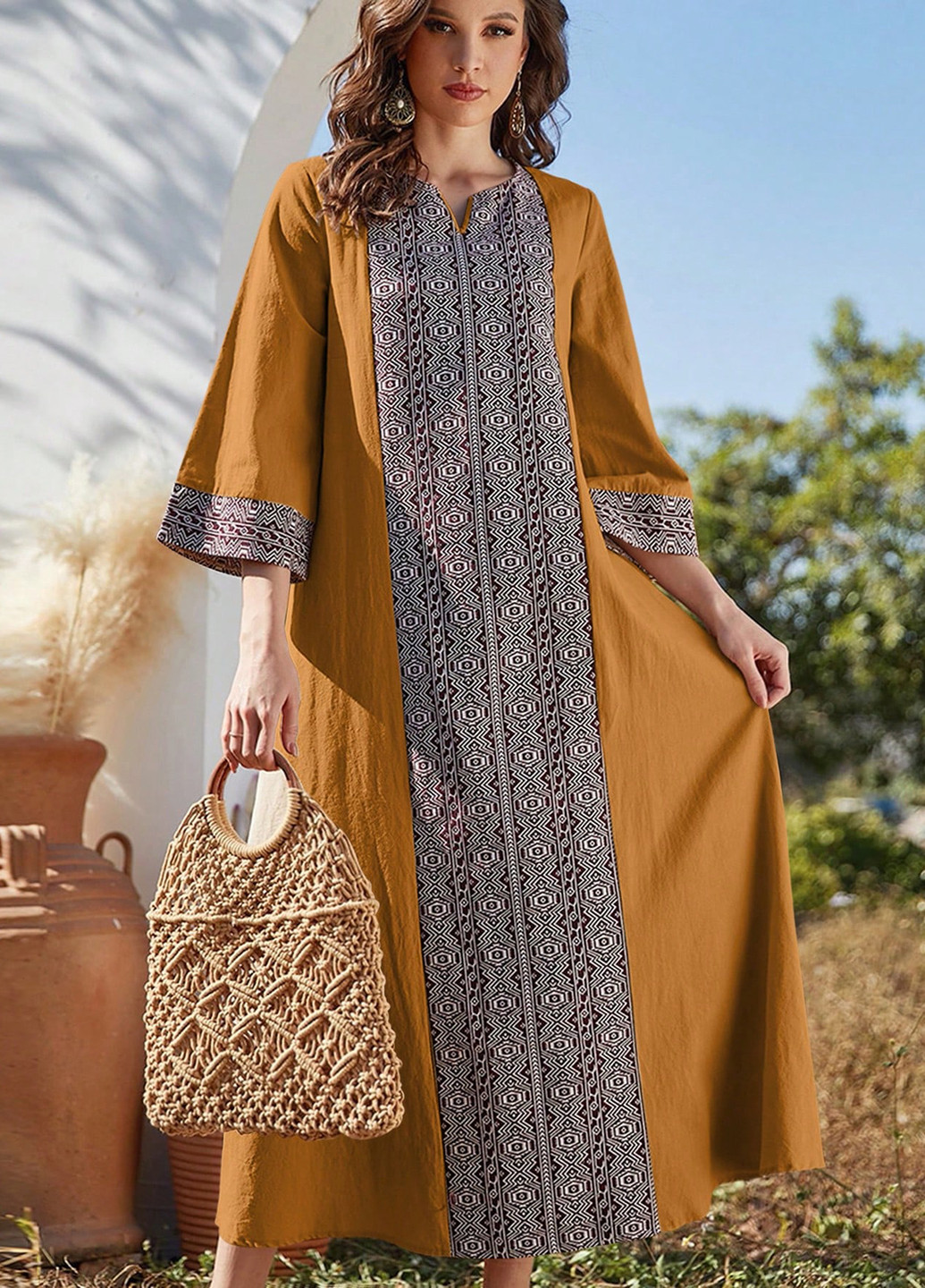 Желтое кэжуал платье оверсайз SHEIN с орнаментом