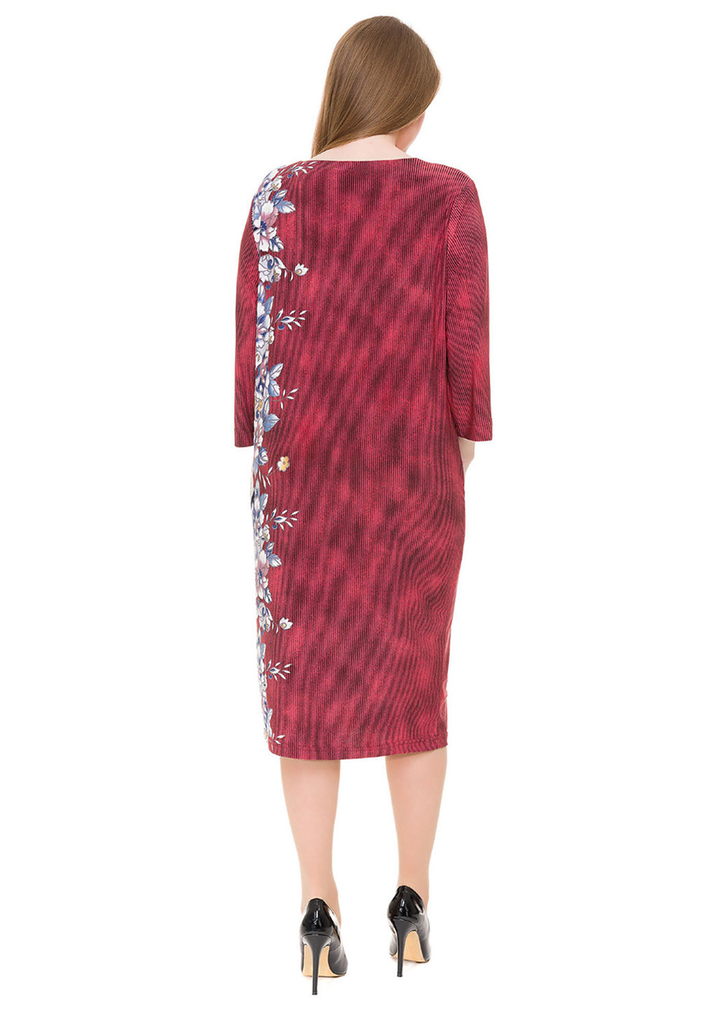 Бордовое кэжуал платье с длинным рукавом Alenka Plus с цветочным принтом