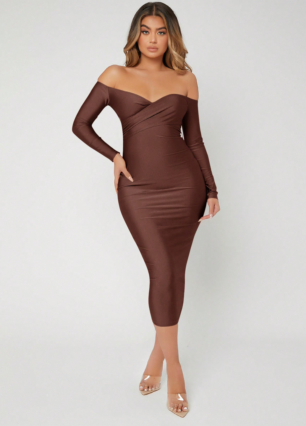 Коричнева коктейльна сукня з відкритими плечима, силуетна SHEIN однотонна