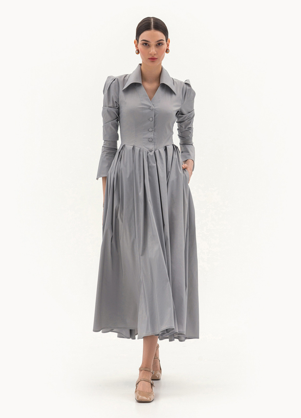 Серо-голубое кэжуал платье клеш BGL однотонное