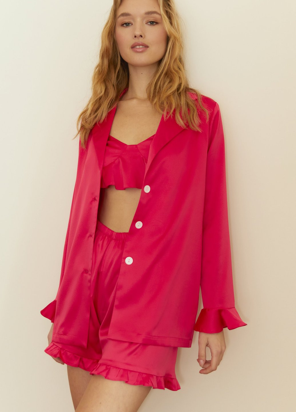 Рожевий демісезонний комплект (сорочка, топ, шорти) Gepur