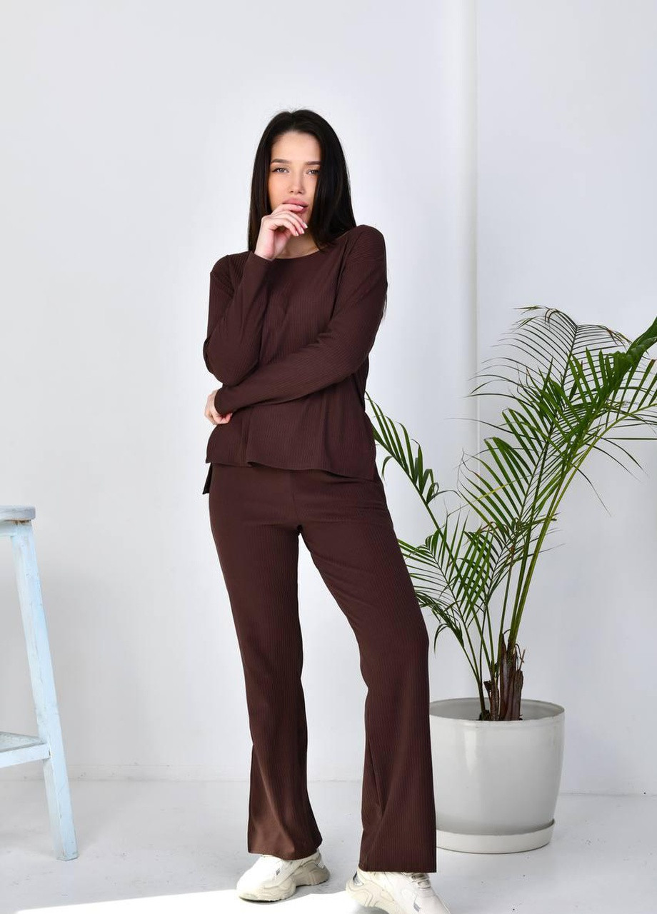 Женский трикотажный костюм кофта и брюки шоколадного цвета р.42/44 359148 New Trend тёмно-коричневый