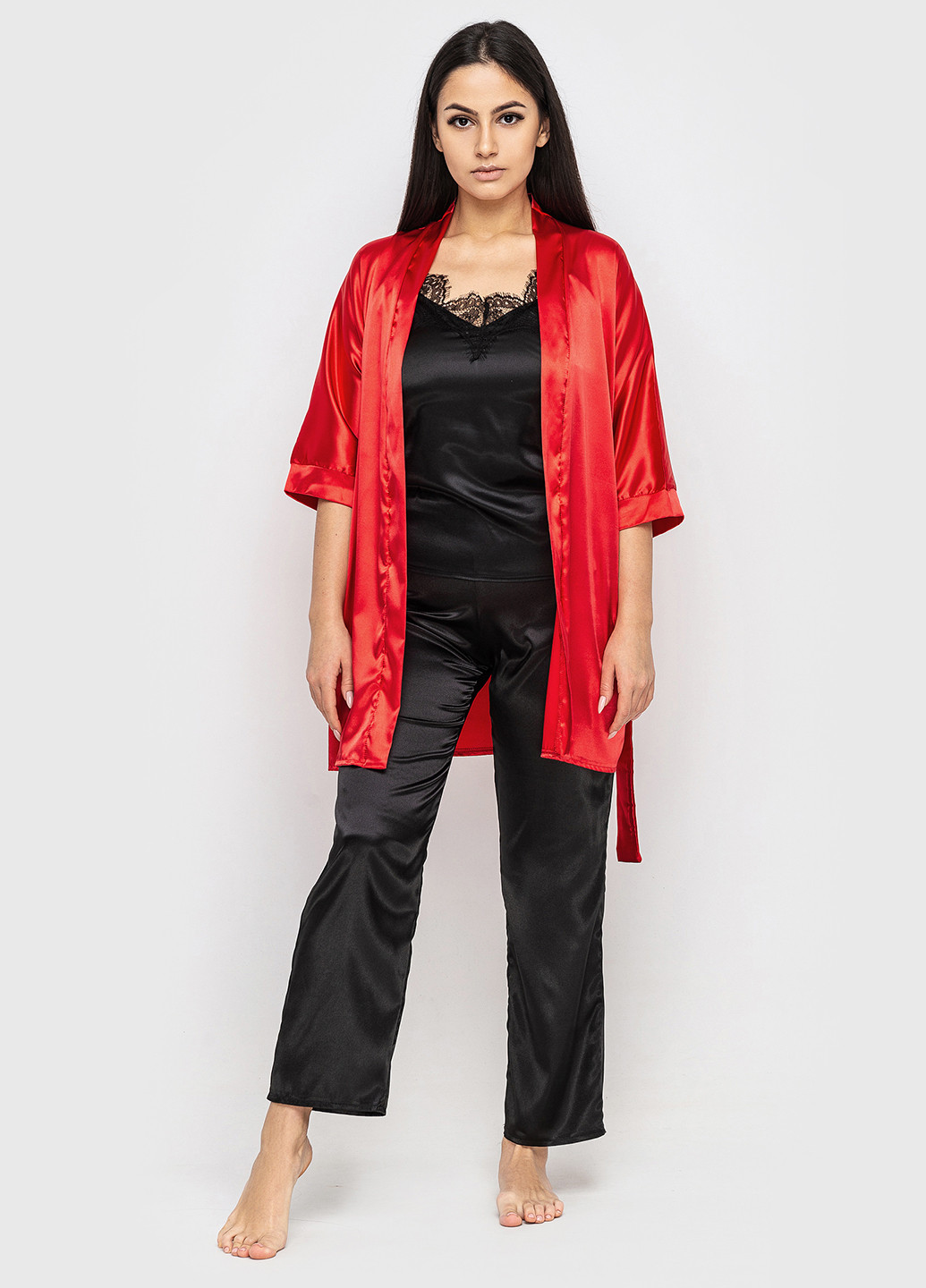 Красный демисезонный комплект (халат, топ, брюки) Ghazel