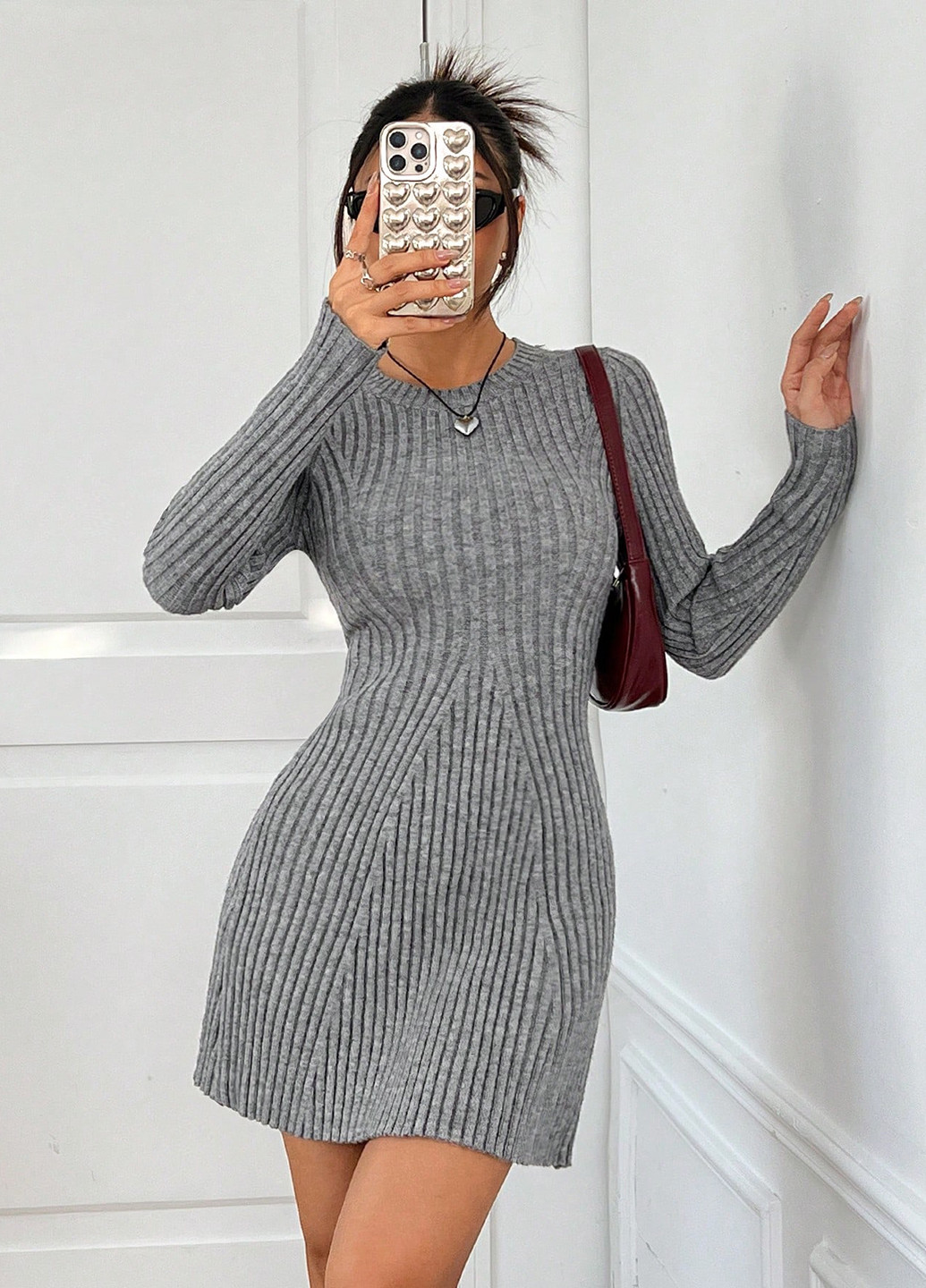 Темно-серое кэжуал платье платье-свитер SHEIN однотонное