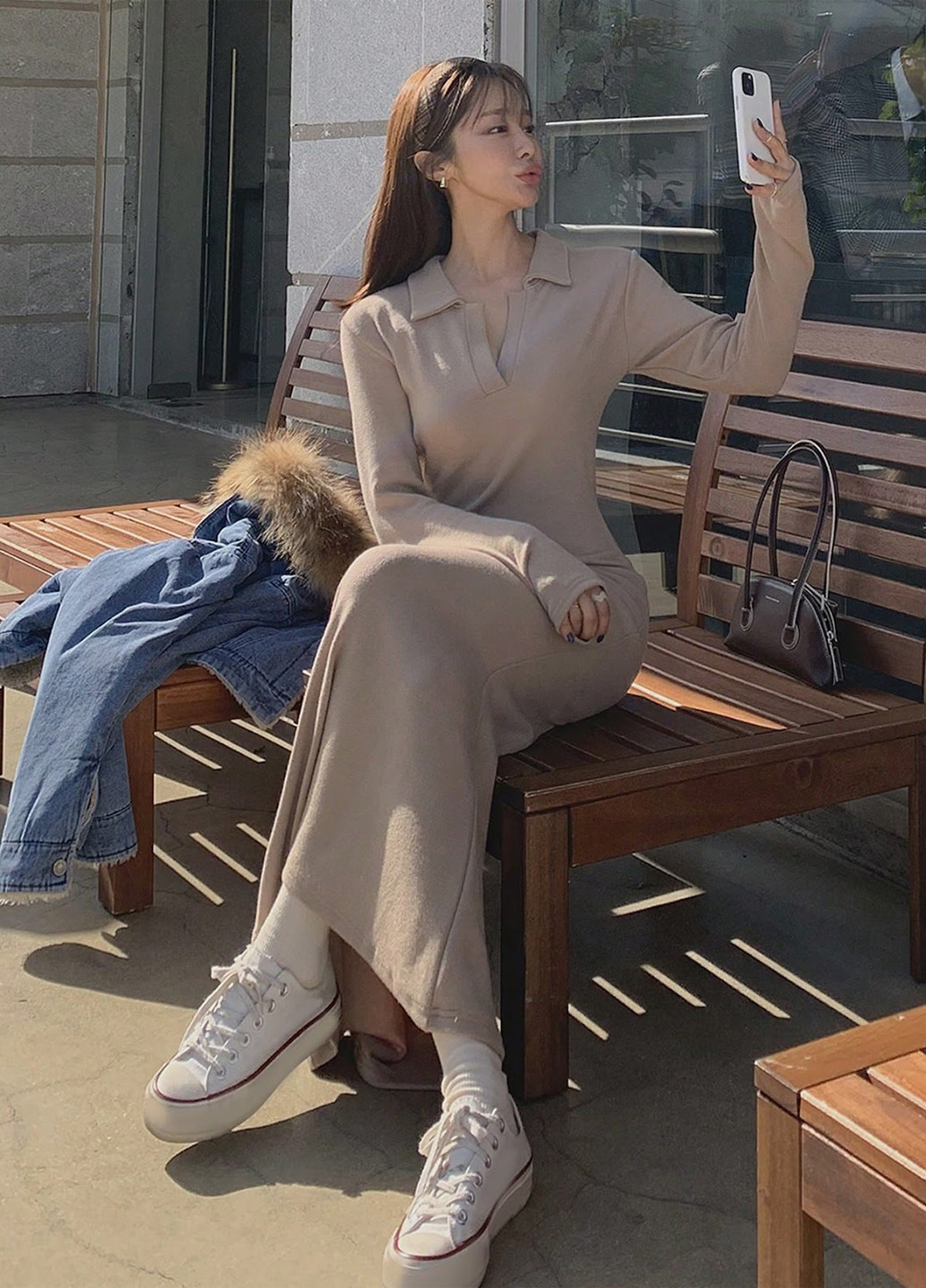 Темно-бежевое кэжуал платье поло, годе SHEIN однотонное