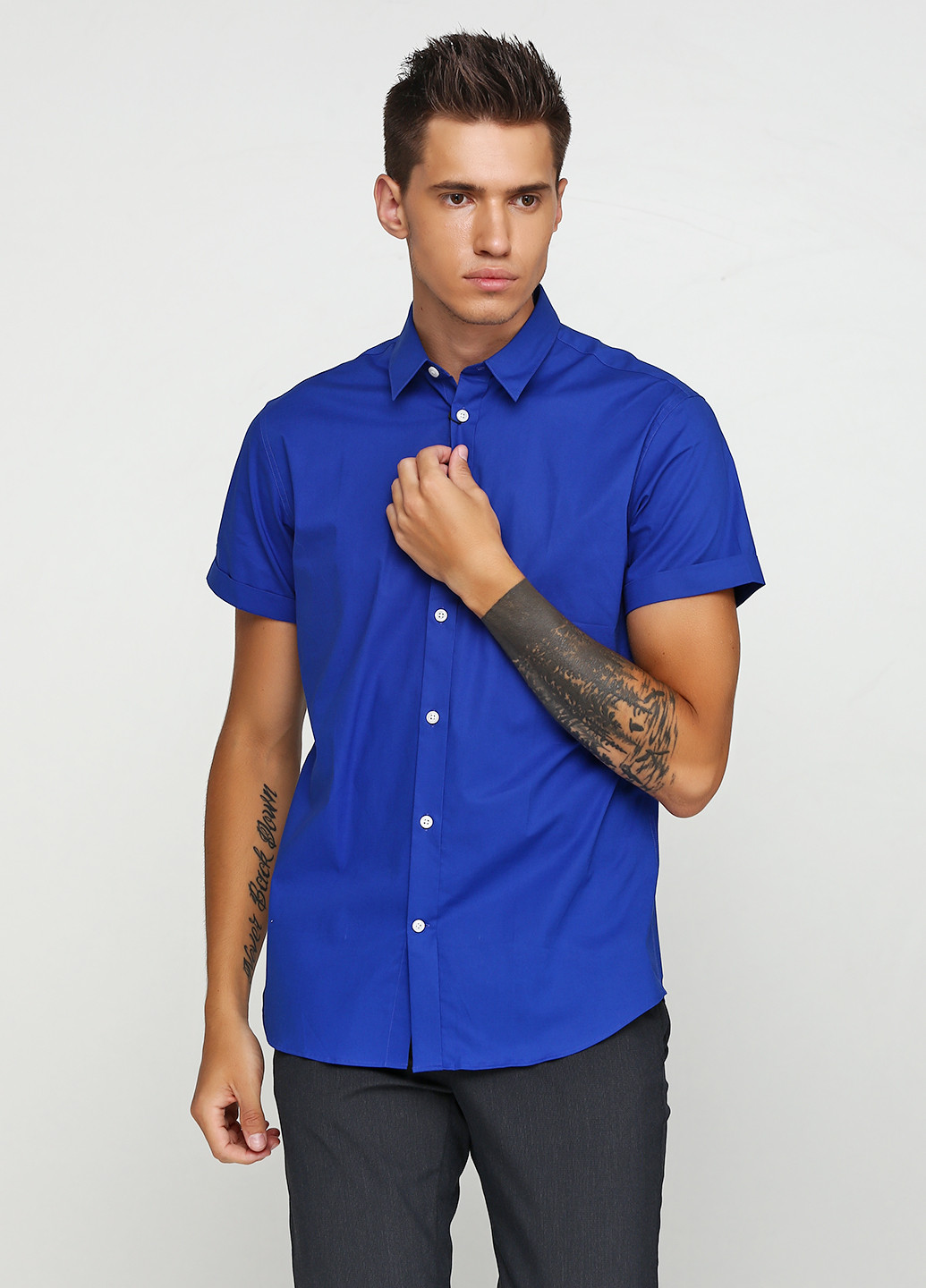 Синяя кэжуал рубашка однотонная Selected с коротким рукавом