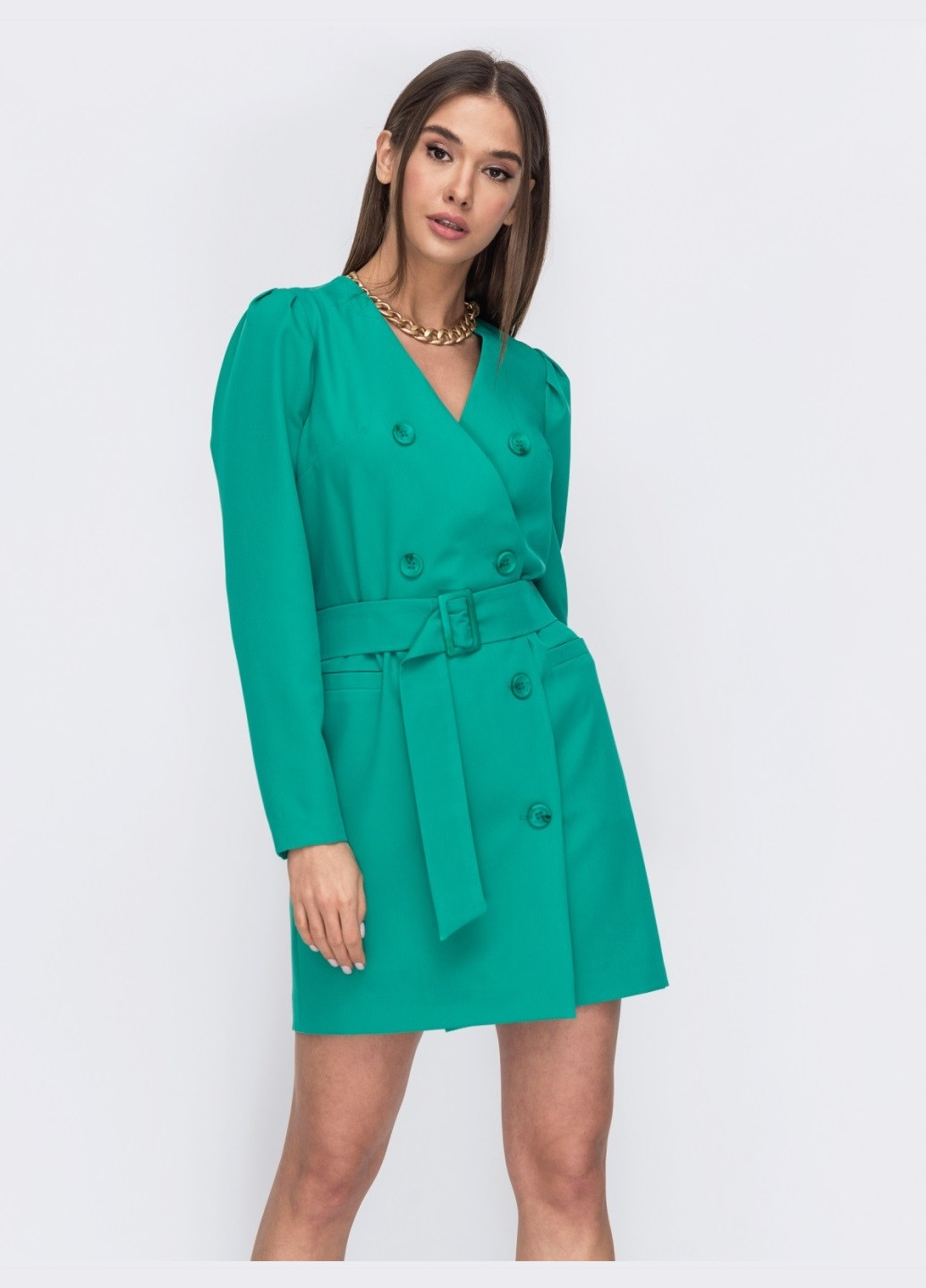 Зелена ділова плаття-піджак бірюзового кольору з широким поясом Dressa однотонна