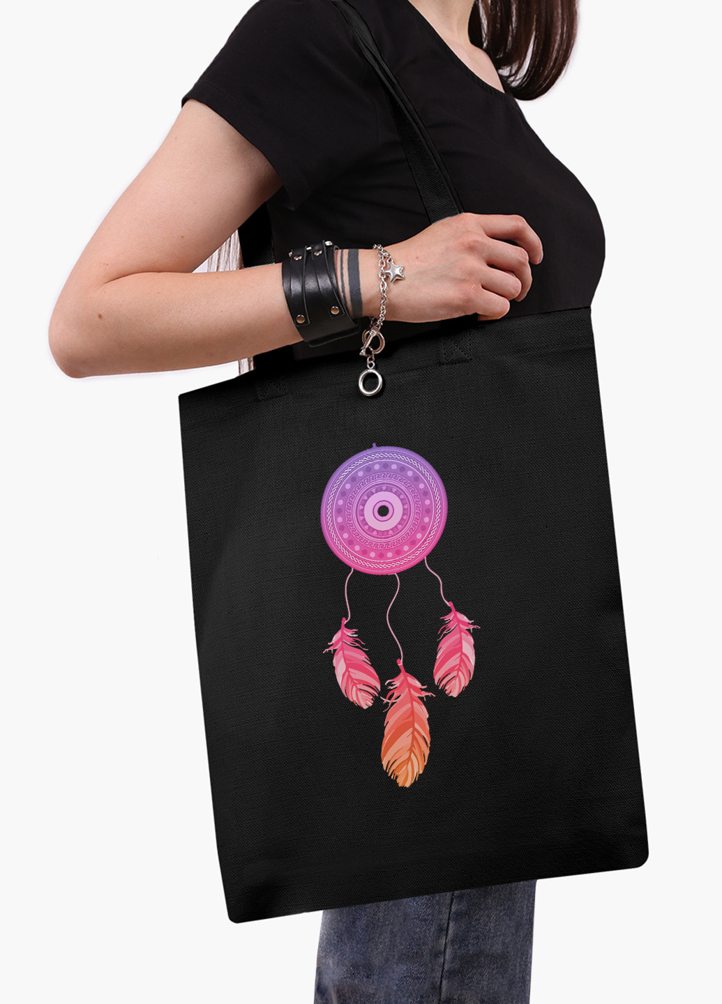 Еко сумка шоппер чорна Ловець Снов (Dreamcatcher) (9227-2855-BK-1) Еко сумка шоппер чорна 41*35 см MobiPrint (221682946)