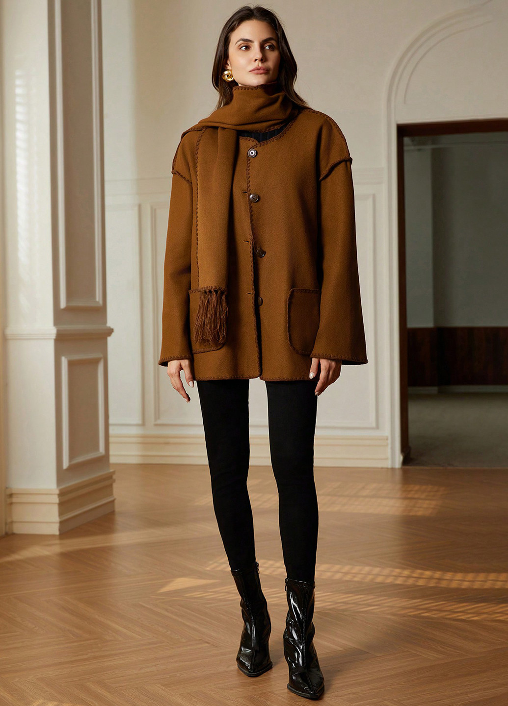 Коричневое демисезонное Пальто однобортное SHEIN