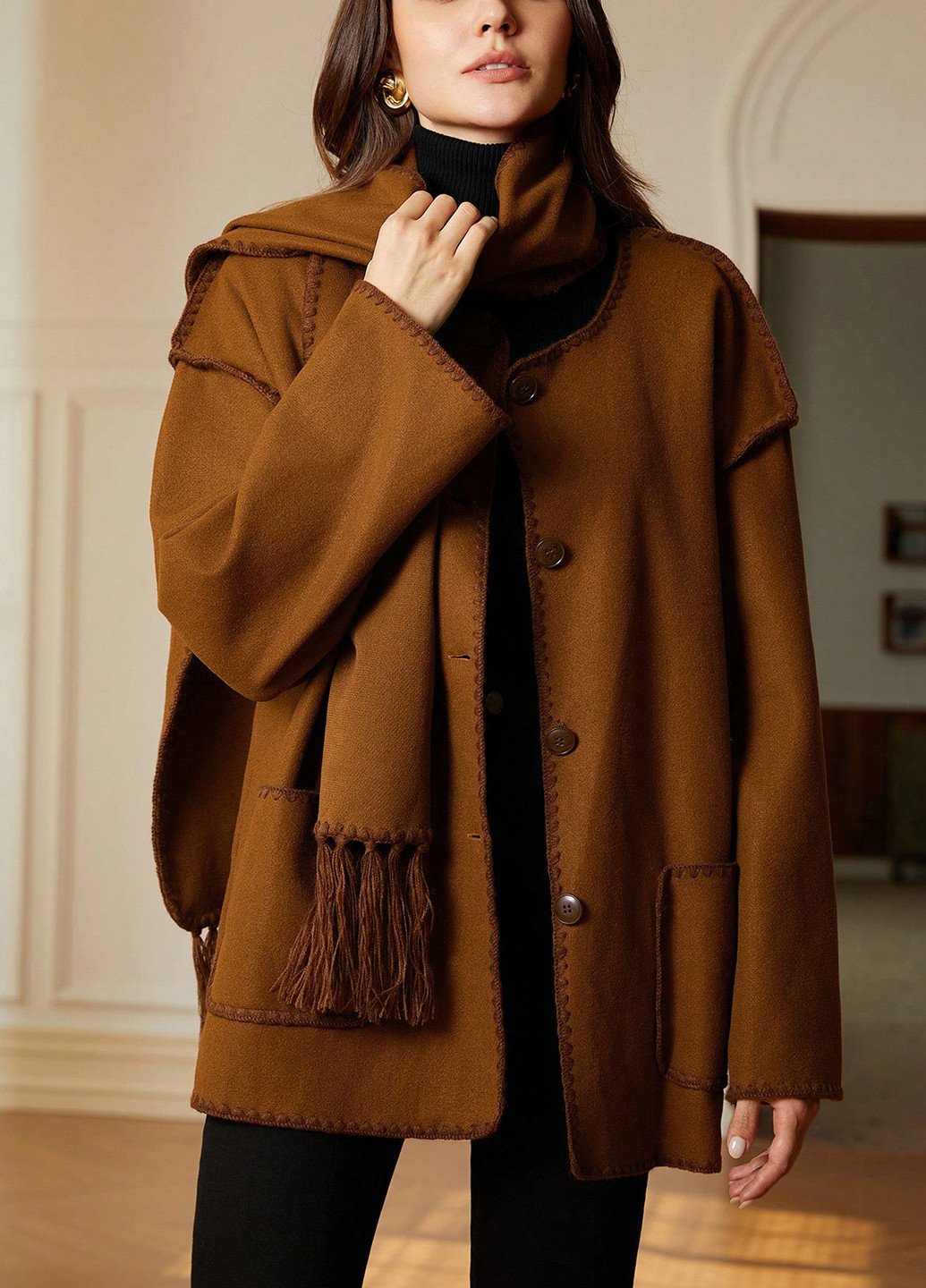 Коричневое демисезонное Пальто однобортное SHEIN