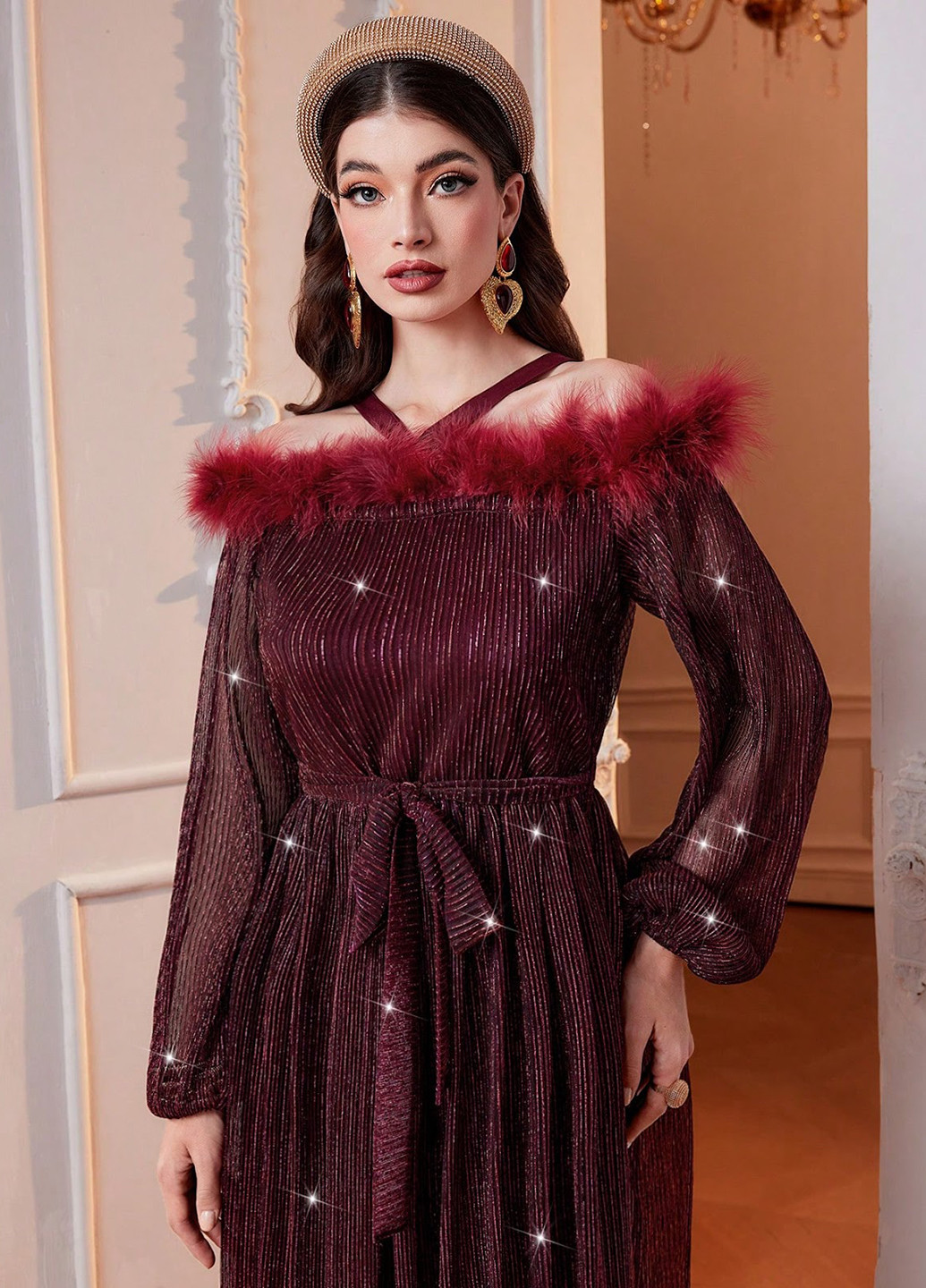 Бордова вечірня сукня з відкритими плечима SHEIN однотонна