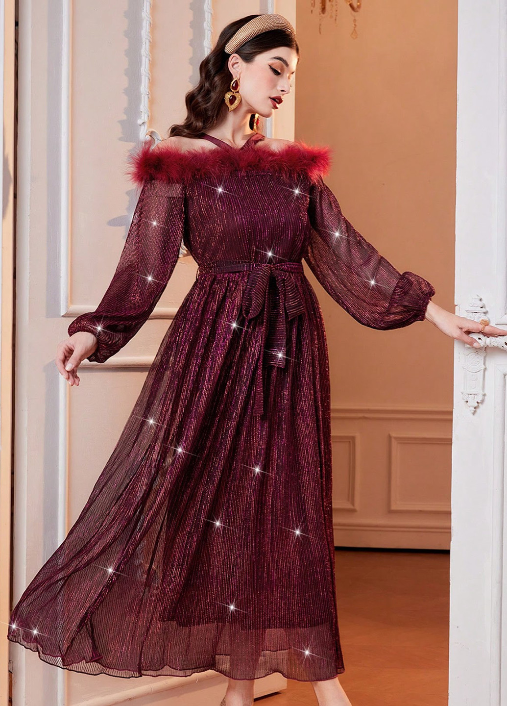 Бордова вечірня сукня з відкритими плечима SHEIN однотонна