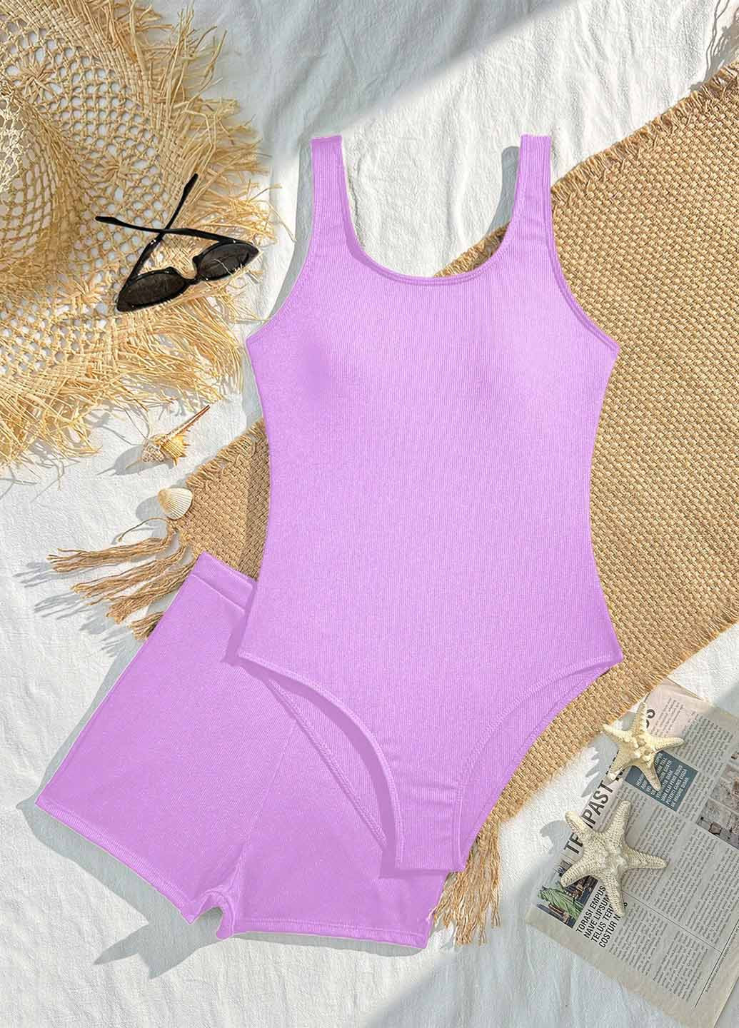 Лиловый летний комплект (купальник, шорты) SHEIN