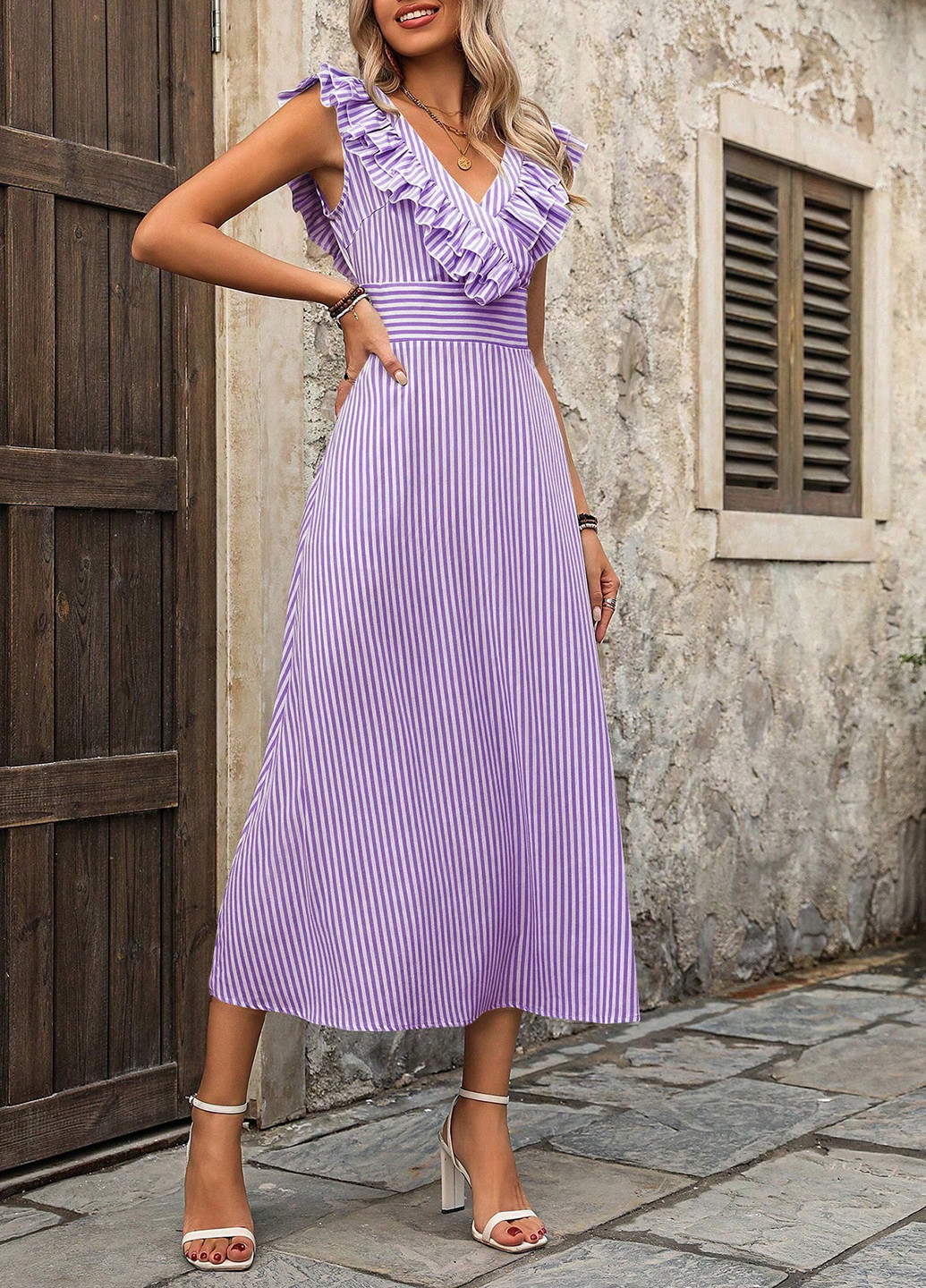 Фіолетова кежуал сукня кльош, з відкритою спиною SHEIN в смужку