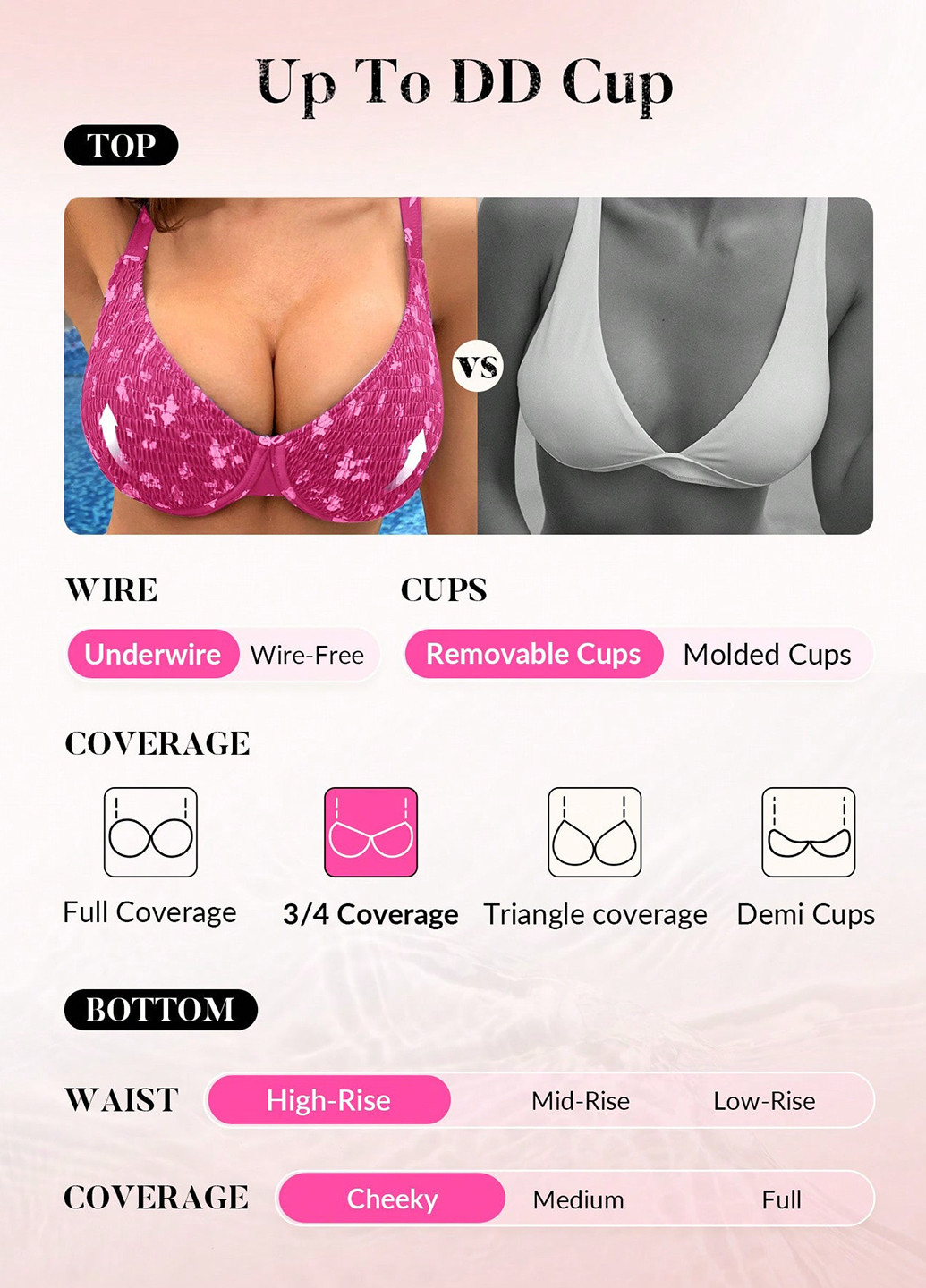 Розовый летний купальник (лиф, трусики) раздельный, бикини SHEIN