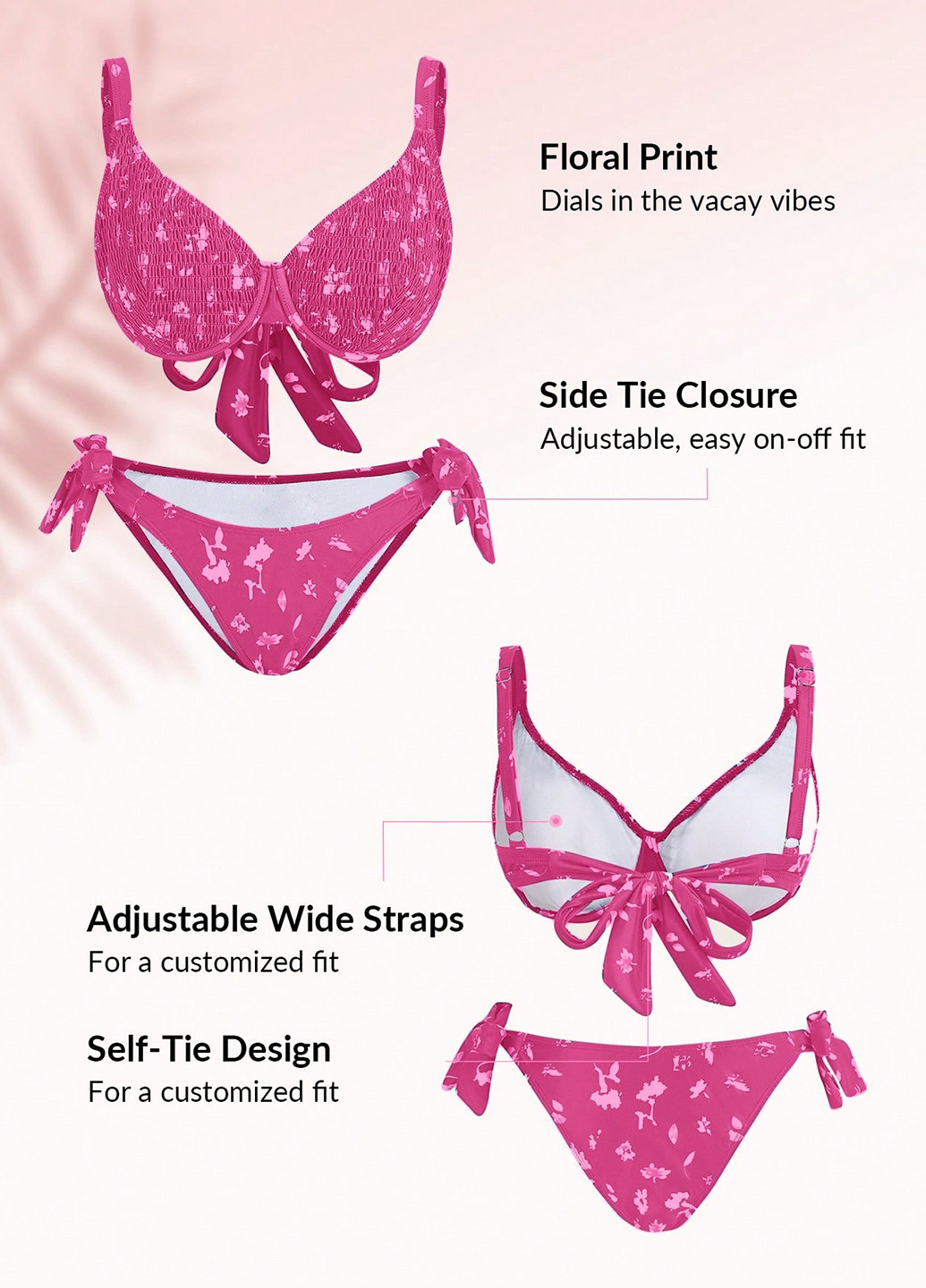 Розовый летний купальник (лиф, трусики) раздельный, бикини SHEIN