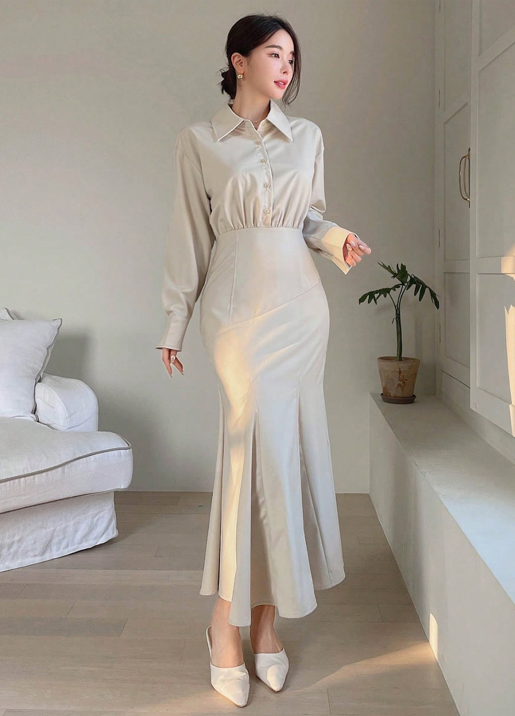 Сіро-бежева кежуал сукня годе, сукня-сорочка, плісована SHEIN однотонна