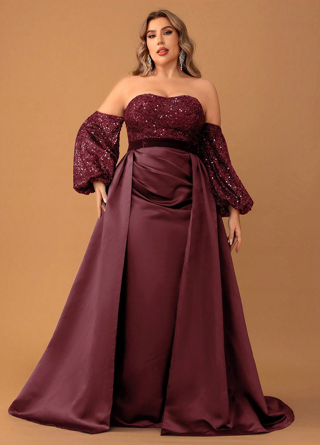 Бордовое вечернее, праздничный платье с открытыми плечами, со шлейфом SHEIN однотонное