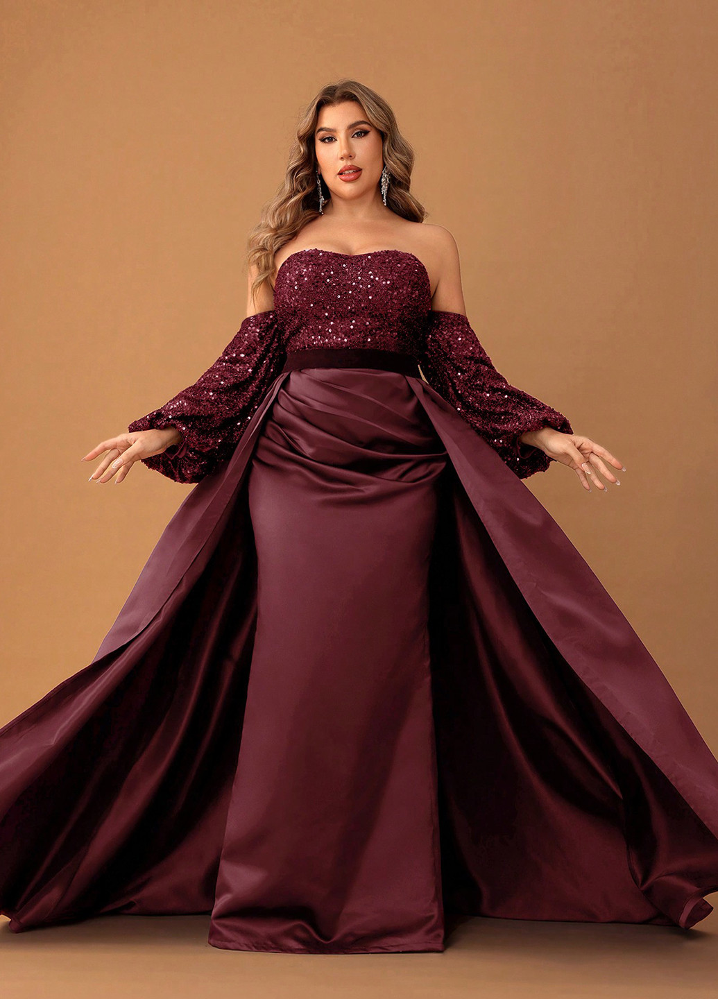 Бордовое вечернее, праздничный платье с открытыми плечами, со шлейфом SHEIN однотонное