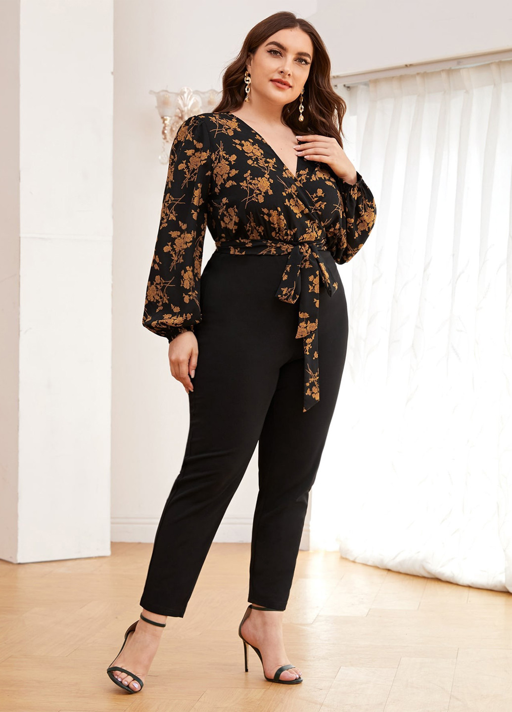 Комбинезон SHEIN комбинезон-брюки цветочный чёрный праздничный, кэжуал полиэстер