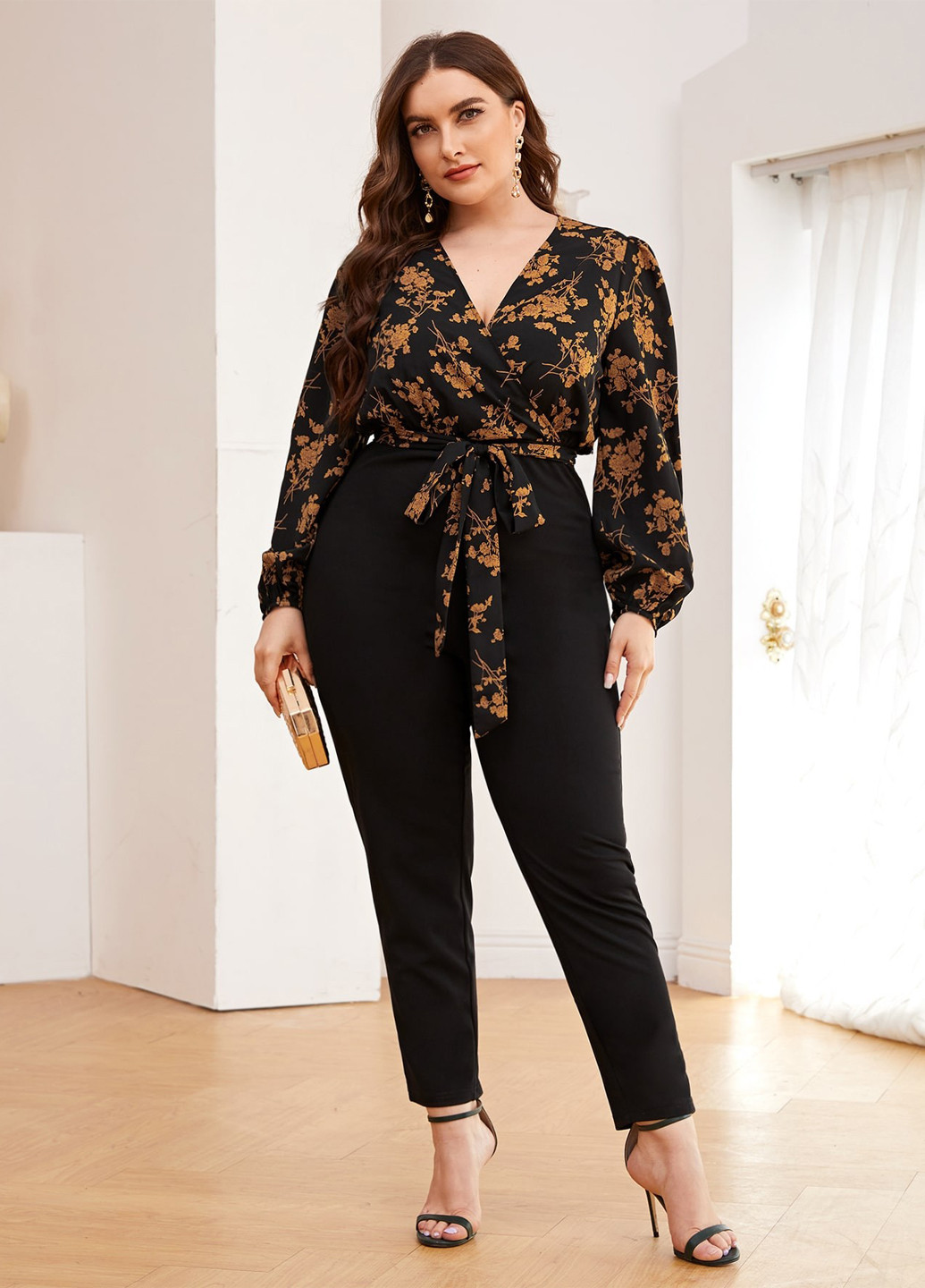 Комбинезон SHEIN комбинезон-брюки цветочный чёрный праздничный, кэжуал полиэстер