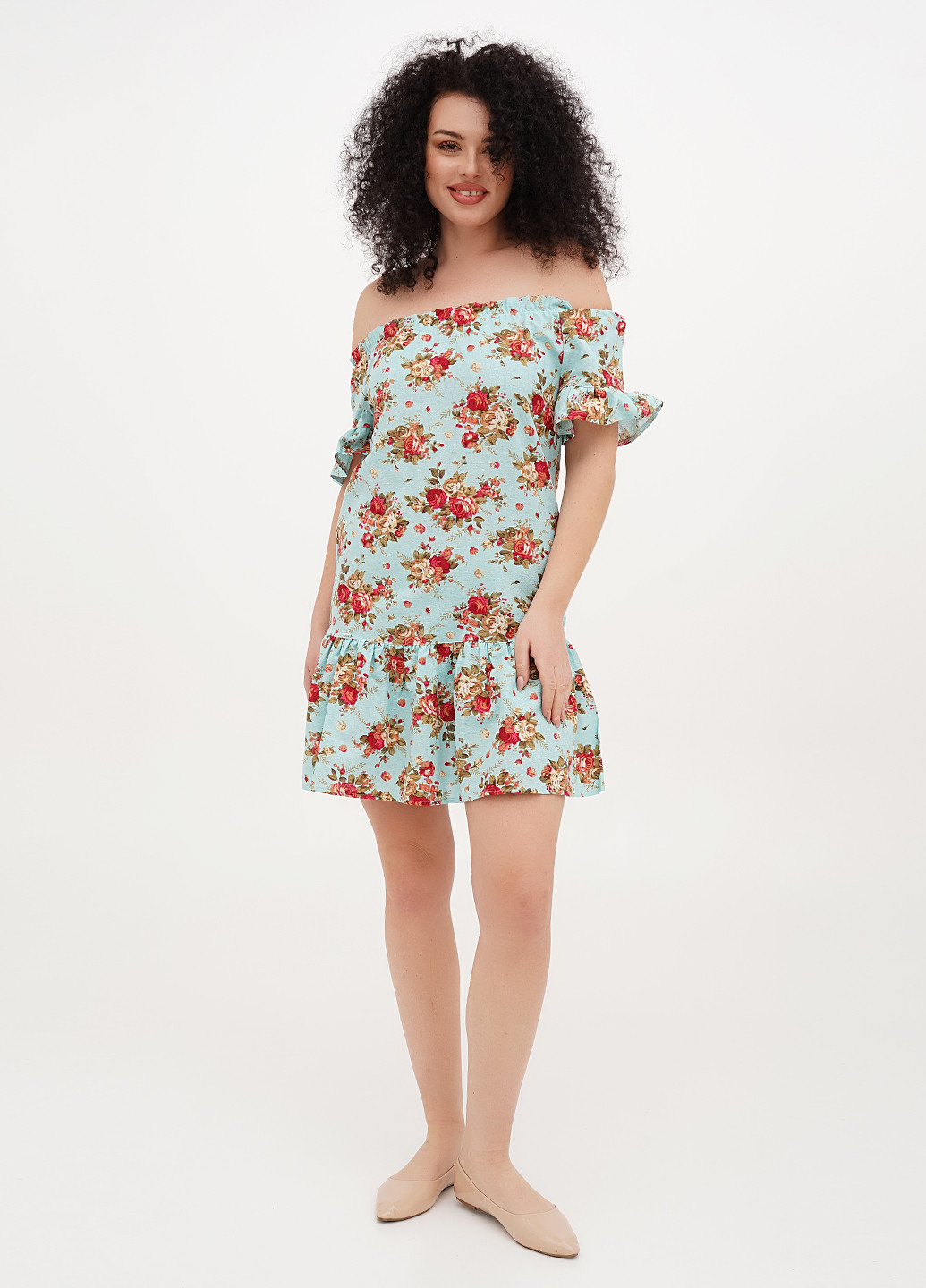 Блакитна кежуал сукня з відкритими плечима Silence з квітковим принтом