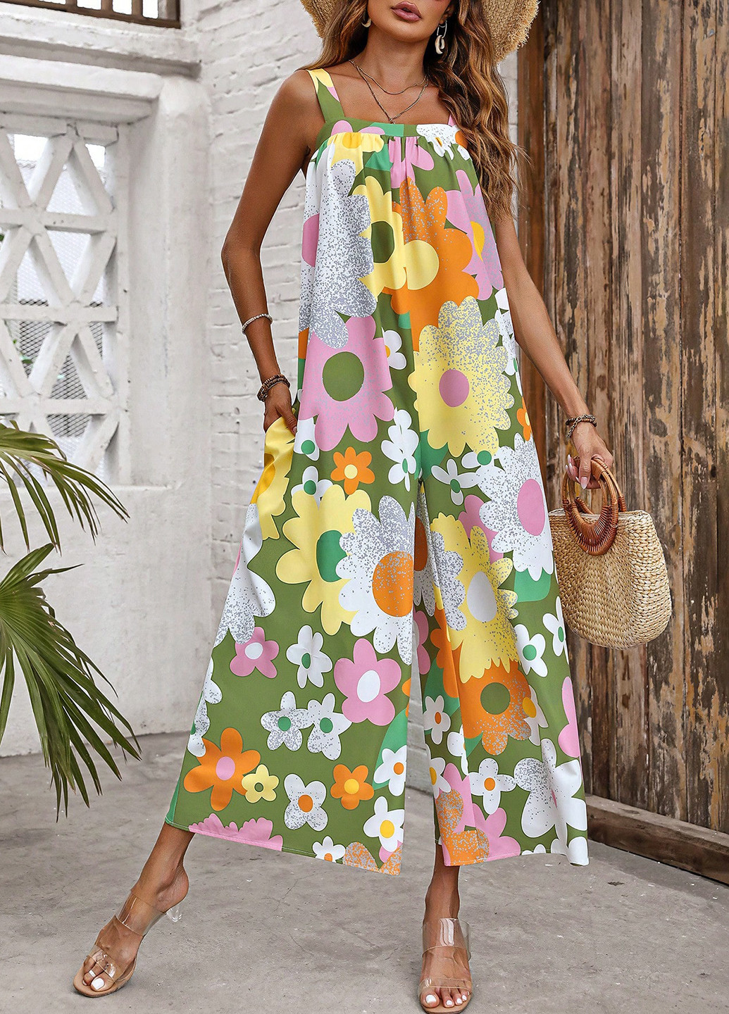 Комбінезон SHEIN комбінезон-брюки квітковий зелений кежуал поліестер