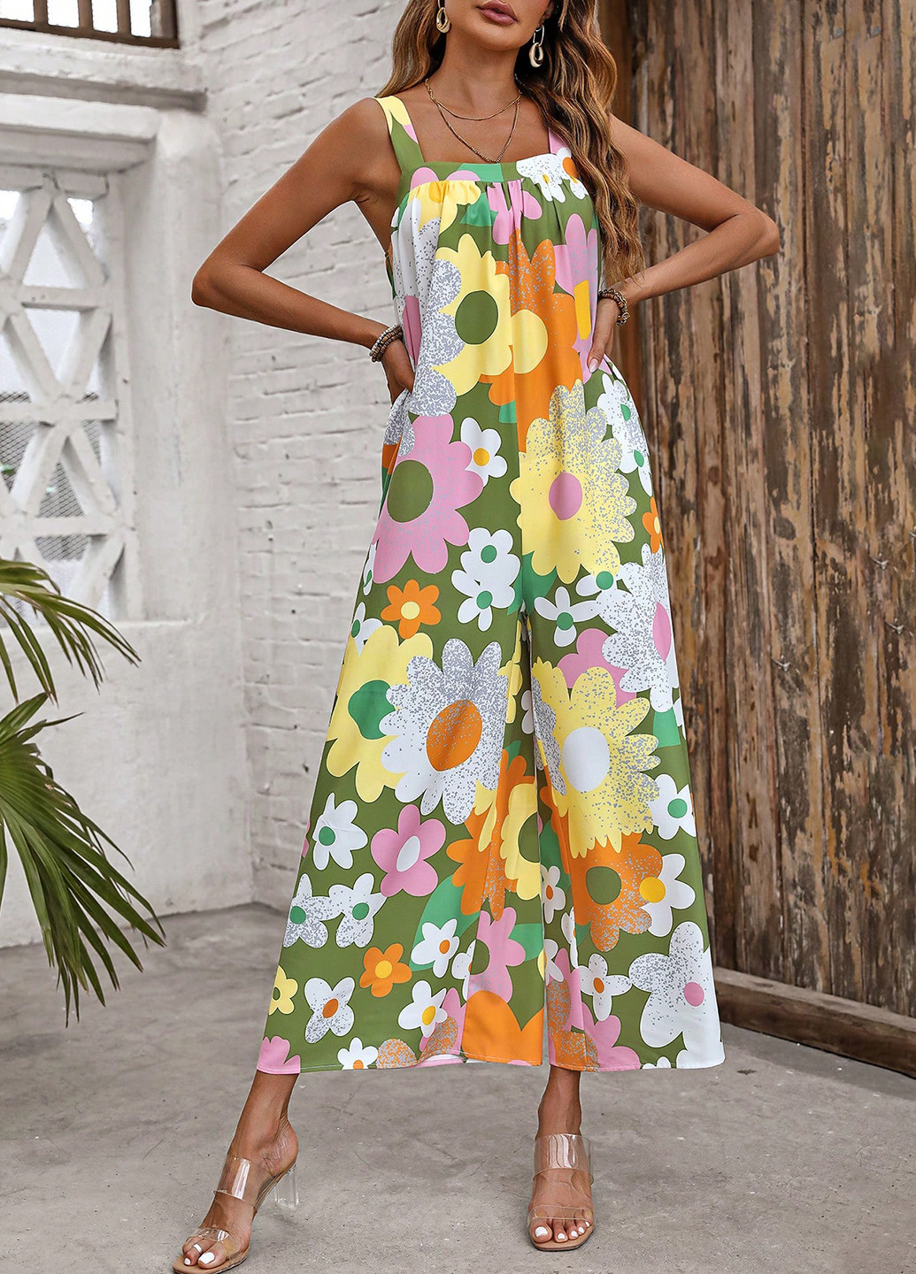 Комбінезон SHEIN комбінезон-брюки квітковий зелений кежуал поліестер