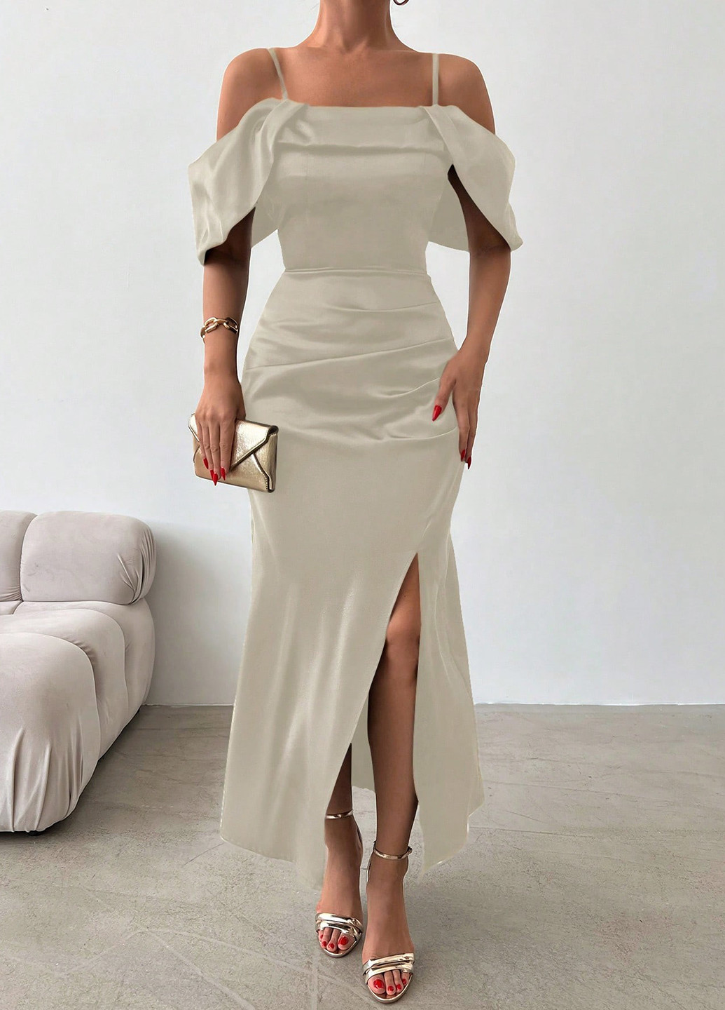 Сіро-бежева вечірня сукня з відкритими плечима SHEIN однотонна