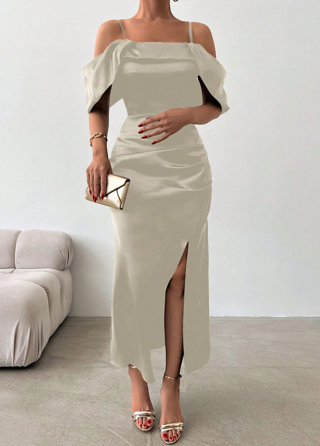 Сіро-бежева вечірня сукня з відкритими плечима SHEIN однотонна