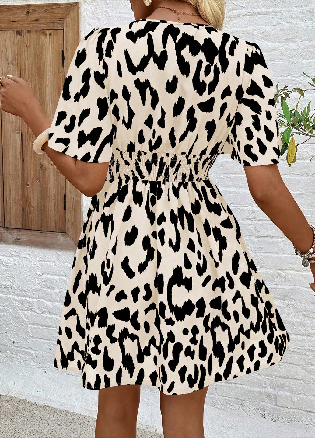 Кремовое праздничный, кэжуал платье клеш, а-силуэт SHEIN леопардовый