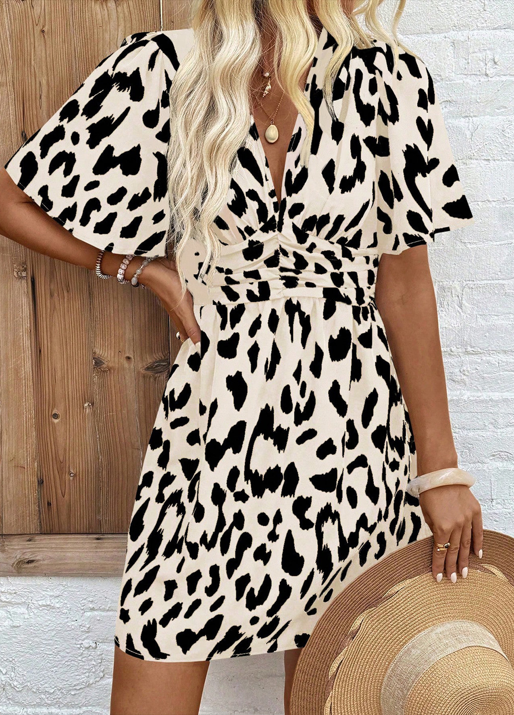 Кремовое праздничный, кэжуал платье клеш, а-силуэт SHEIN леопардовый