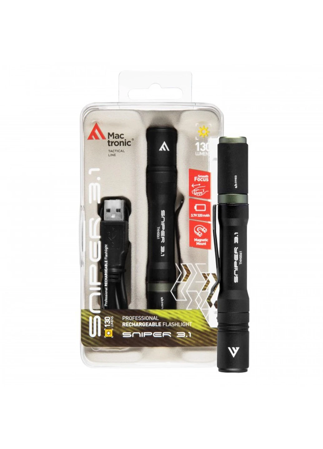 Фонарь тактический Sniper 3.1 (130 Lm) USB Rechargeable Magnetic (THH0061) Mactronic (253486491)