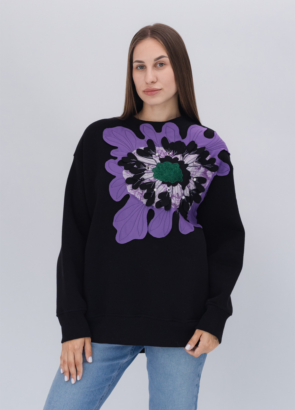 Черный свитшот Nora Kvittin однотонный аппликация, бусины, вышивка (301079911)