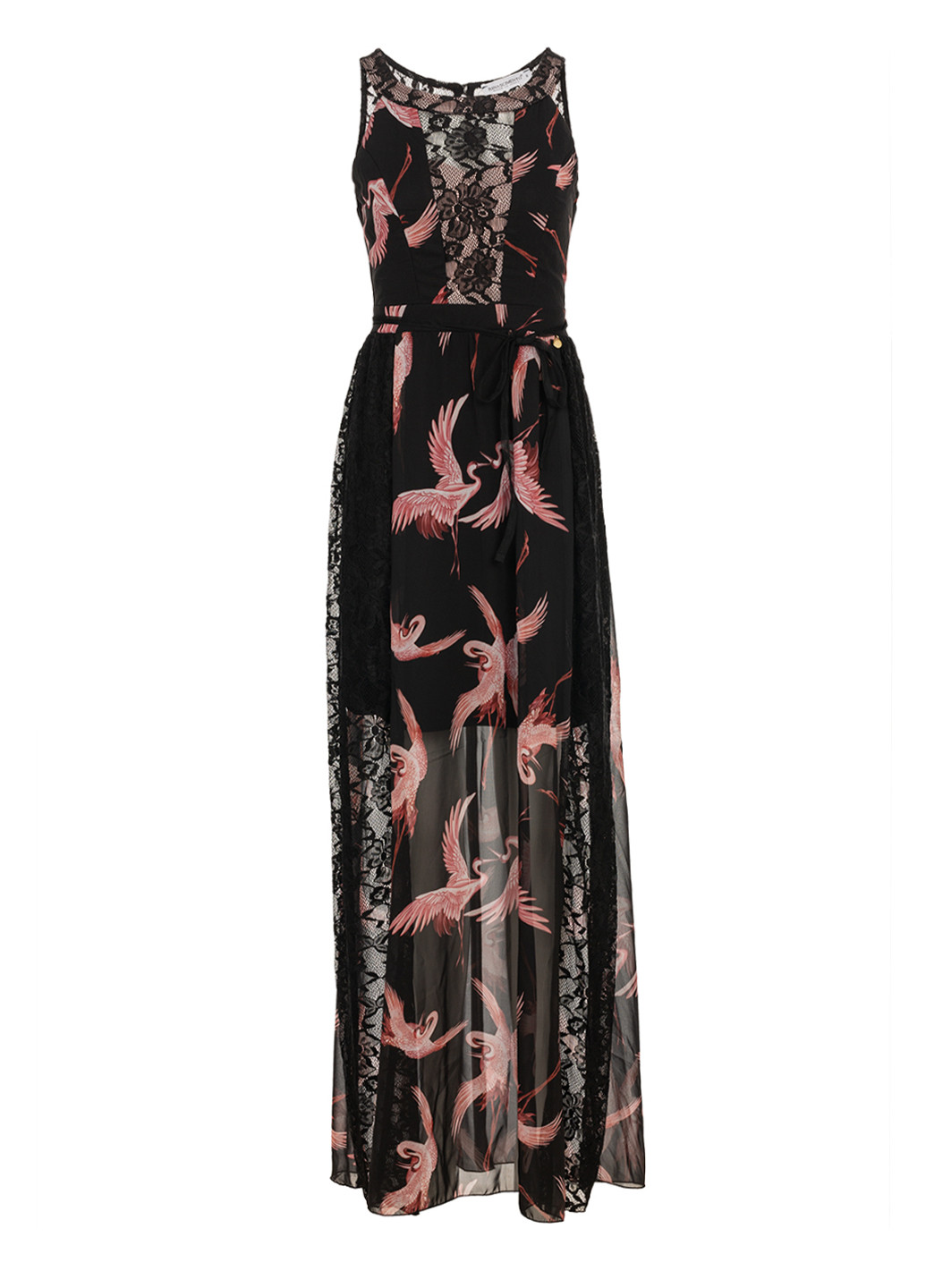 Черное вечернее шифоновое макси платье с прозрачными вставками а-силуэт Rinascimento фламинго