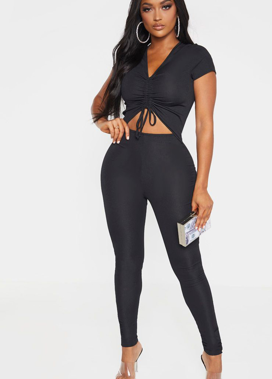 Комбинезон PrettyLittleThing комбинезон-брюки однотонный чёрный кэжуал полиэстер