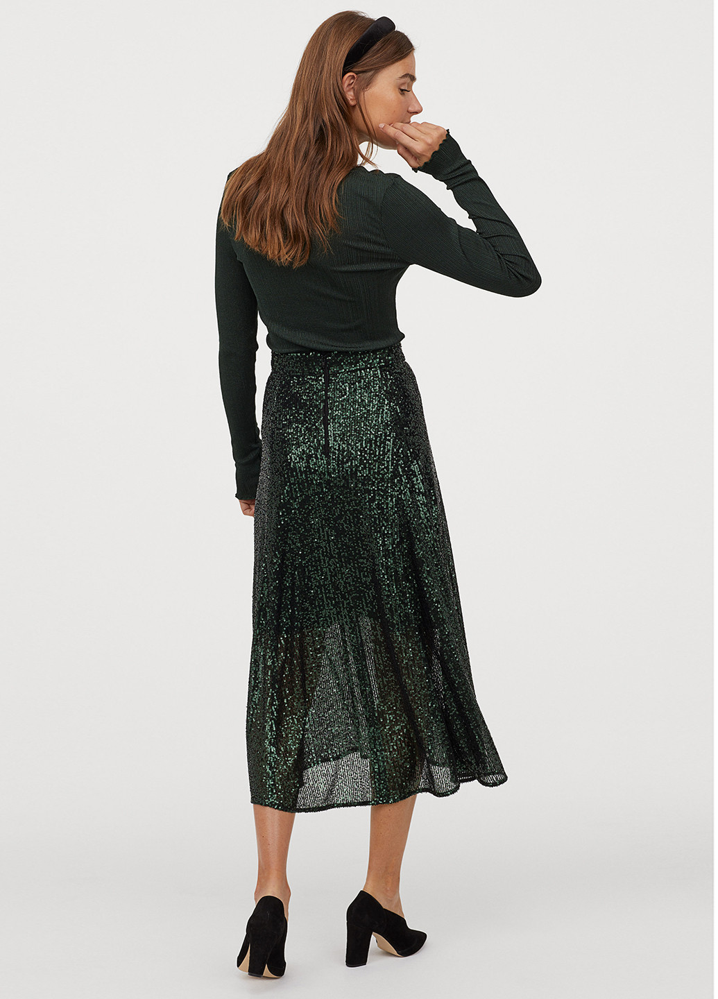 Темно-зеленая кэжуал однотонная юбка H&M а-силуэта (трапеция)