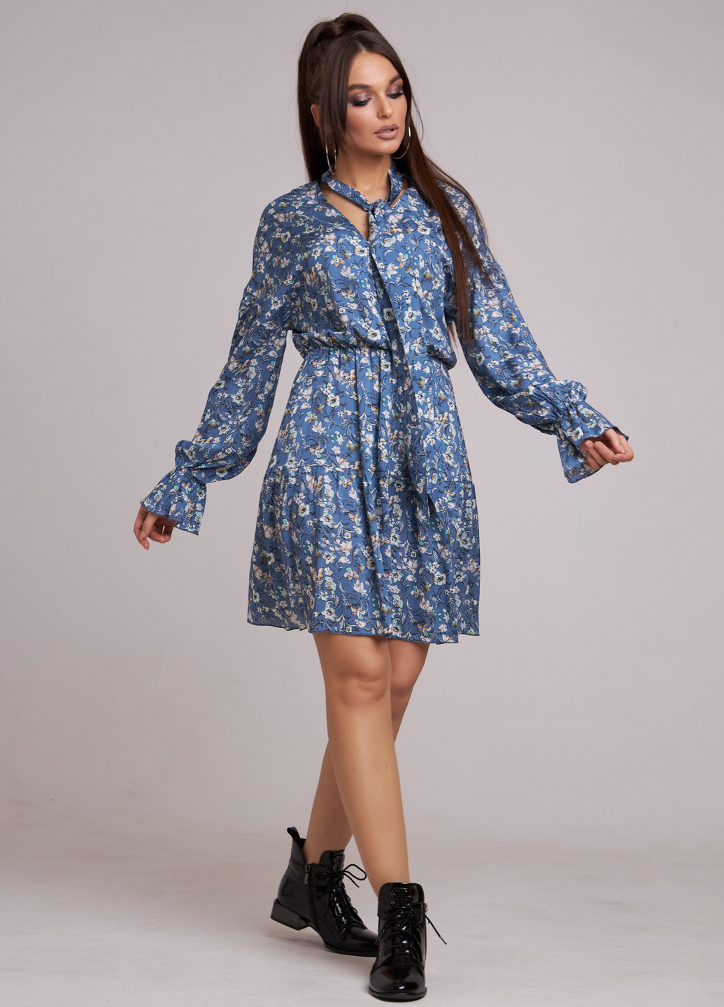 Голубое кэжуал платье клеш ST-Seventeen с цветочным принтом