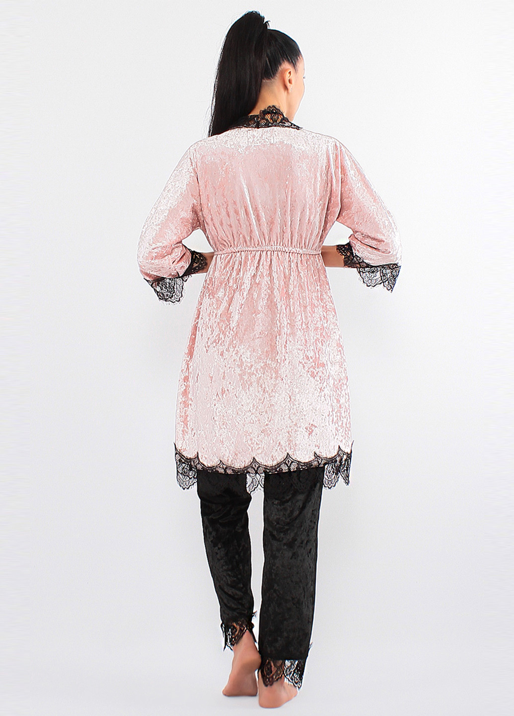 Пудровый демисезонный комплект (халат, топ, брюки) Ghazel