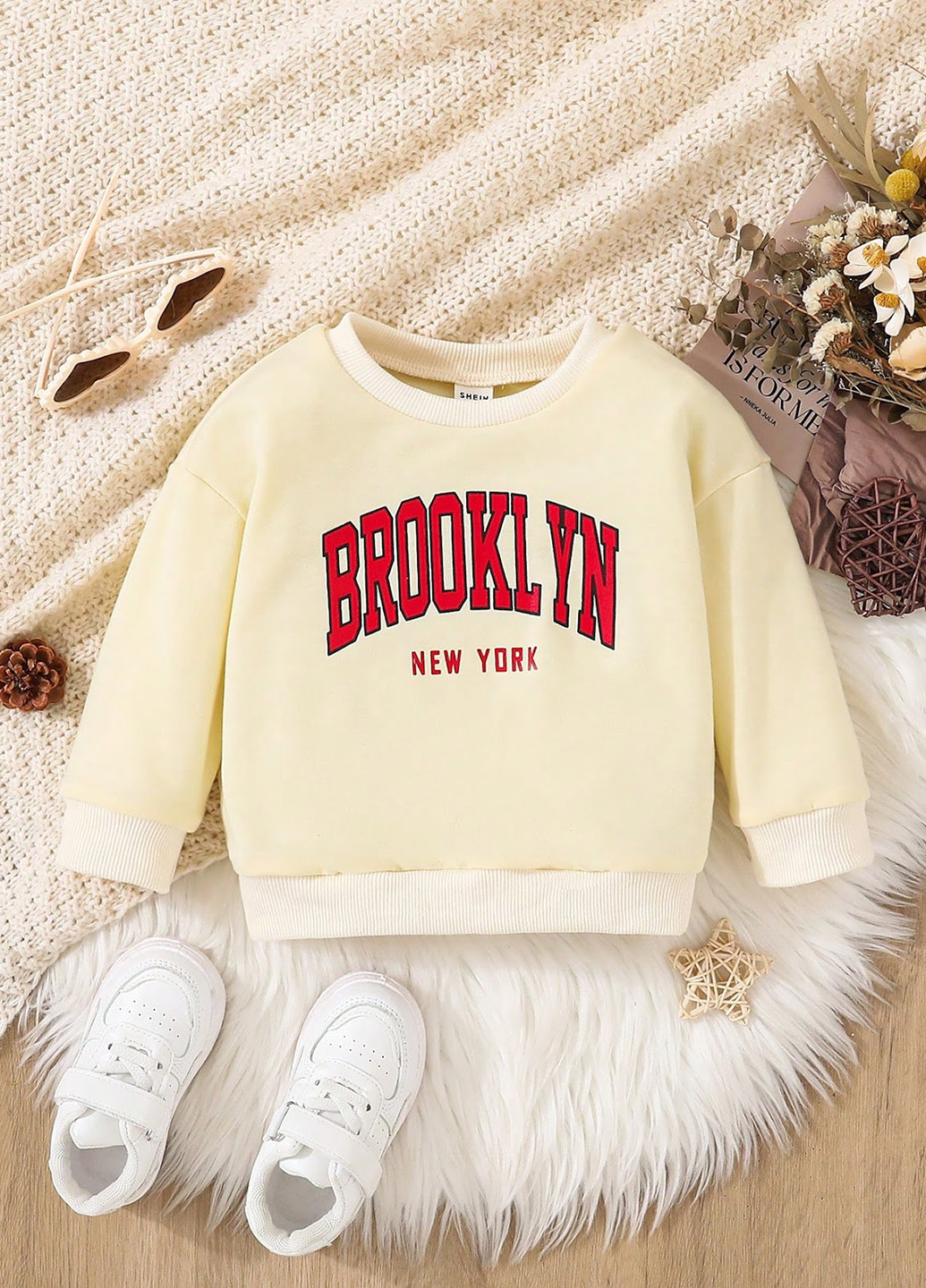 SHEIN світшот напис кремовий кежуал трикотаж, поліестер