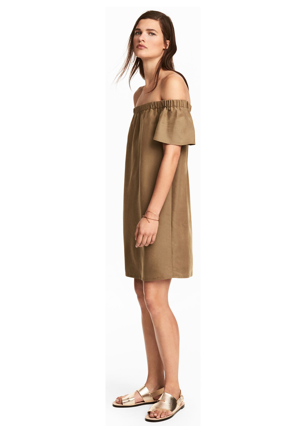 Оливковое (хаки) кэжуал платье с открытыми плечами H&M